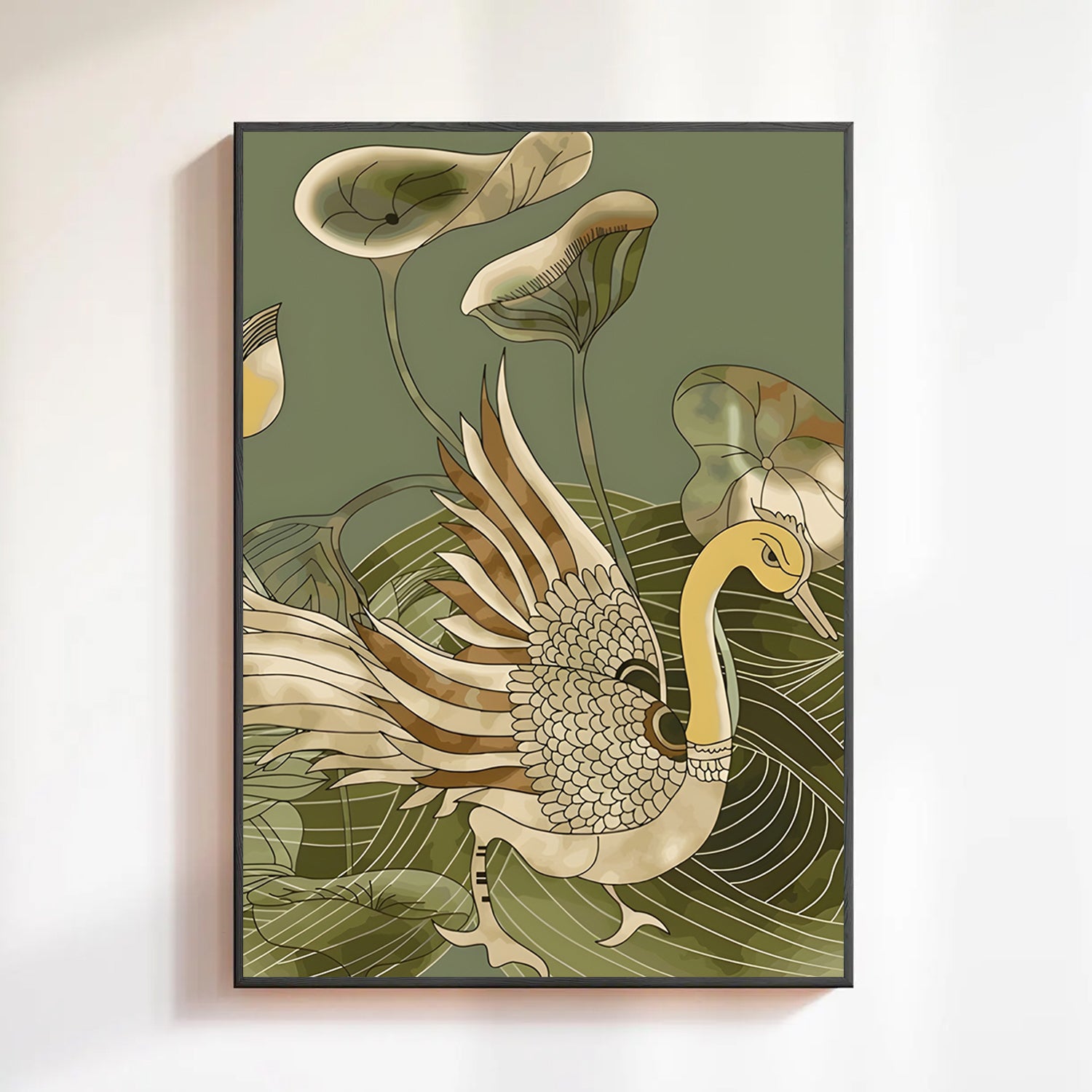 Kalamkari Peacock with Lotus Leaves  by Krutik – Modern Art Deco Nature Wall Art