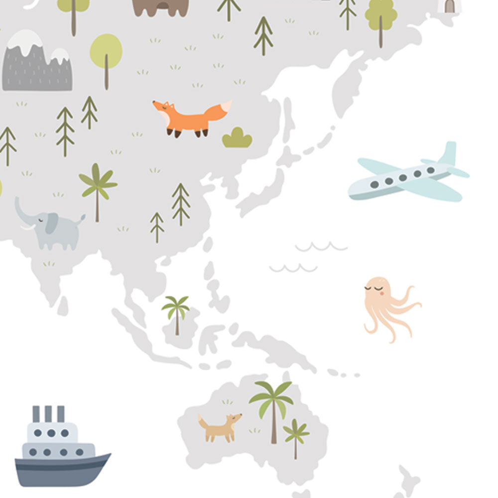 Minimal Explorer – World Map Wallpaper with Animals & Icons.