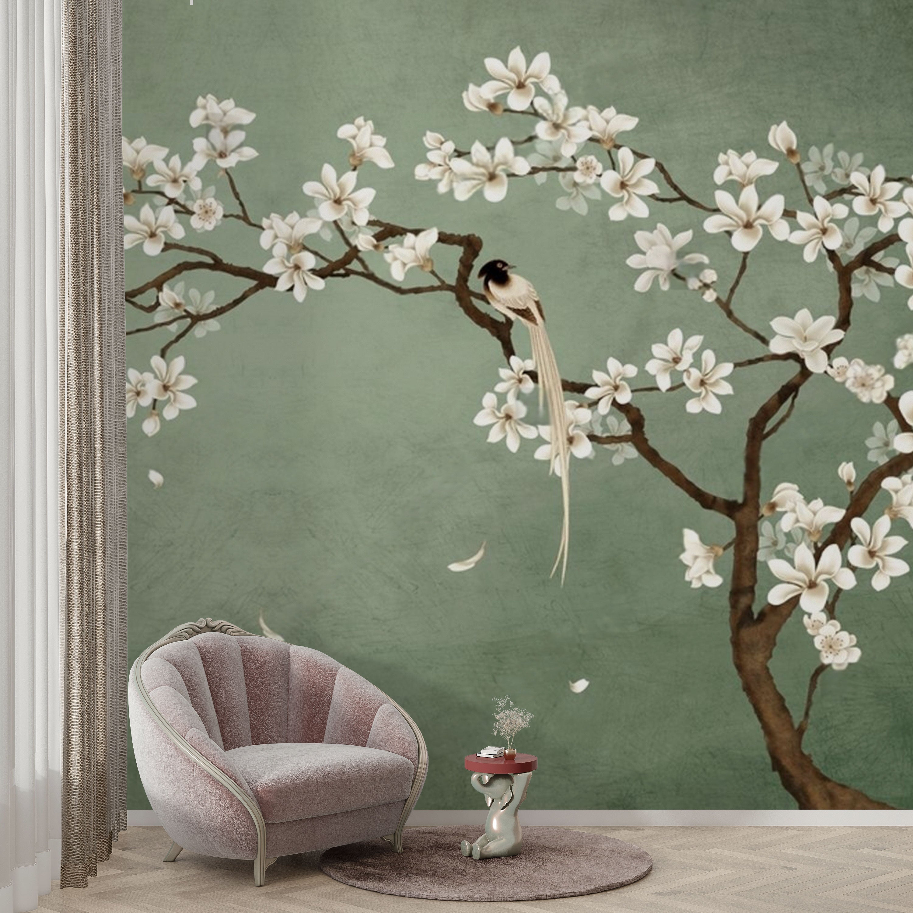 Tranquil Spring Symphony – Botanical Bird Mural Wallpaper.