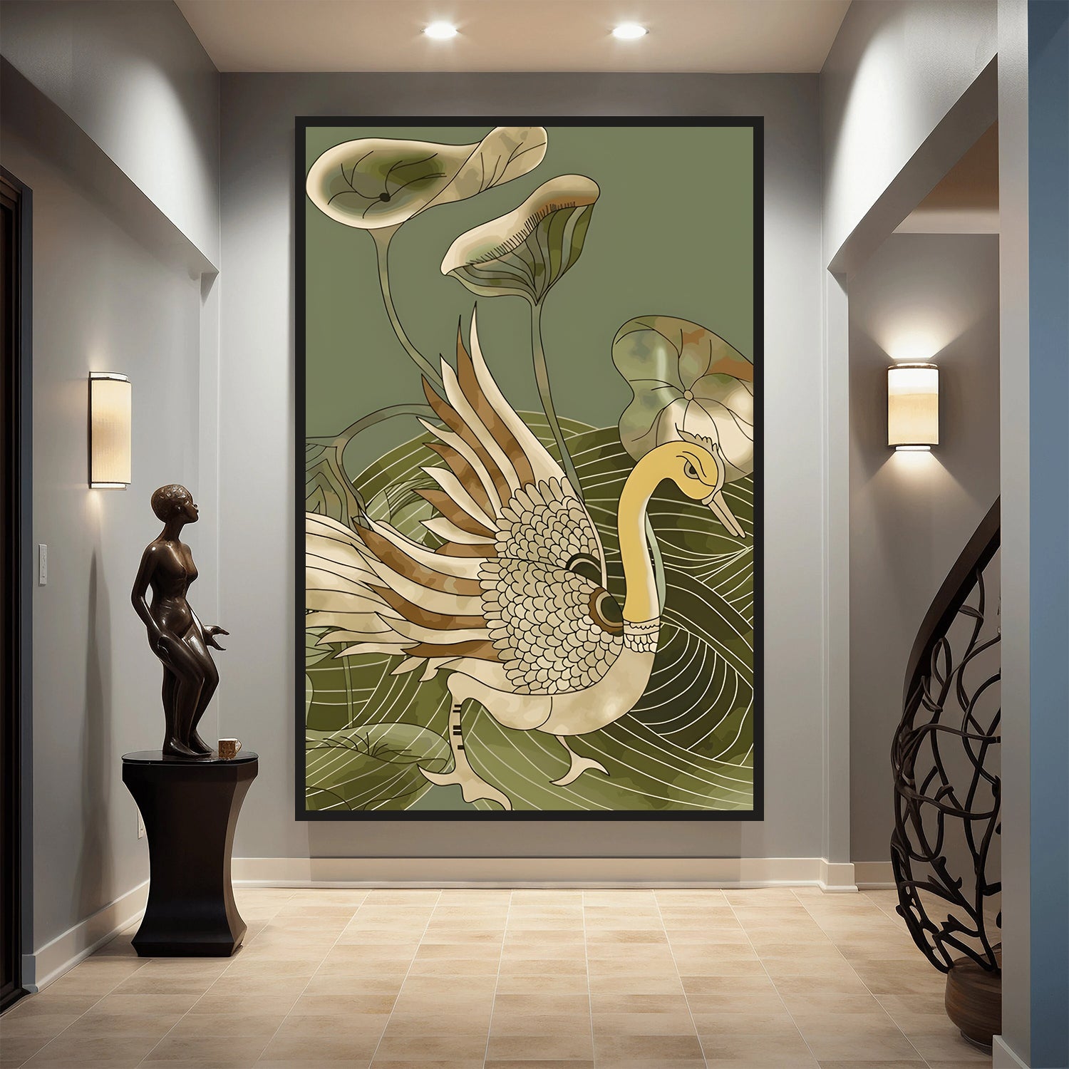 Kalamkari Peacock with Lotus Leaves  by Krutik – Modern Art Deco Nature Wall Art