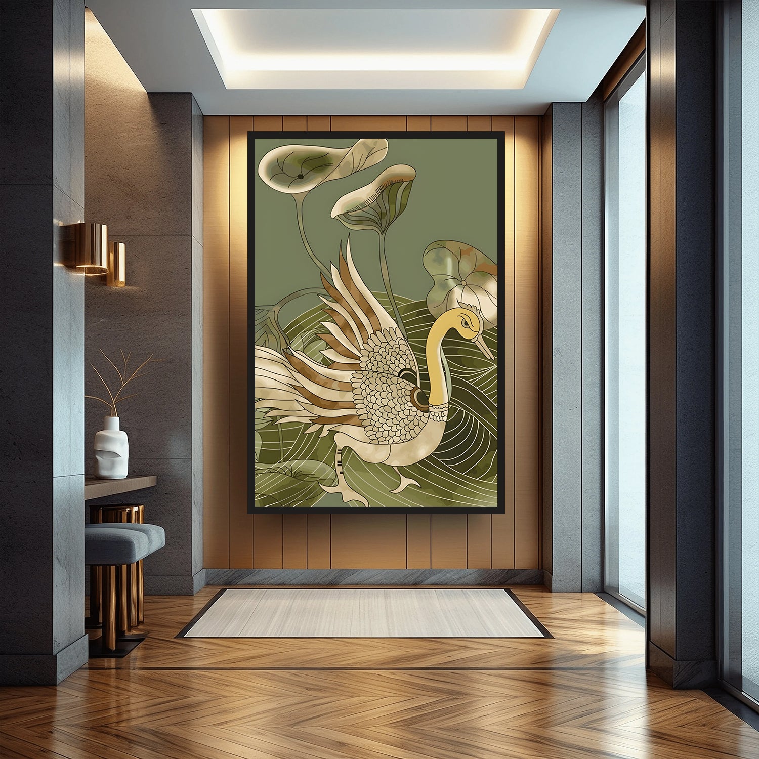 Kalamkari Peacock with Lotus Leaves  by Krutik – Modern Art Deco Nature Wall Art