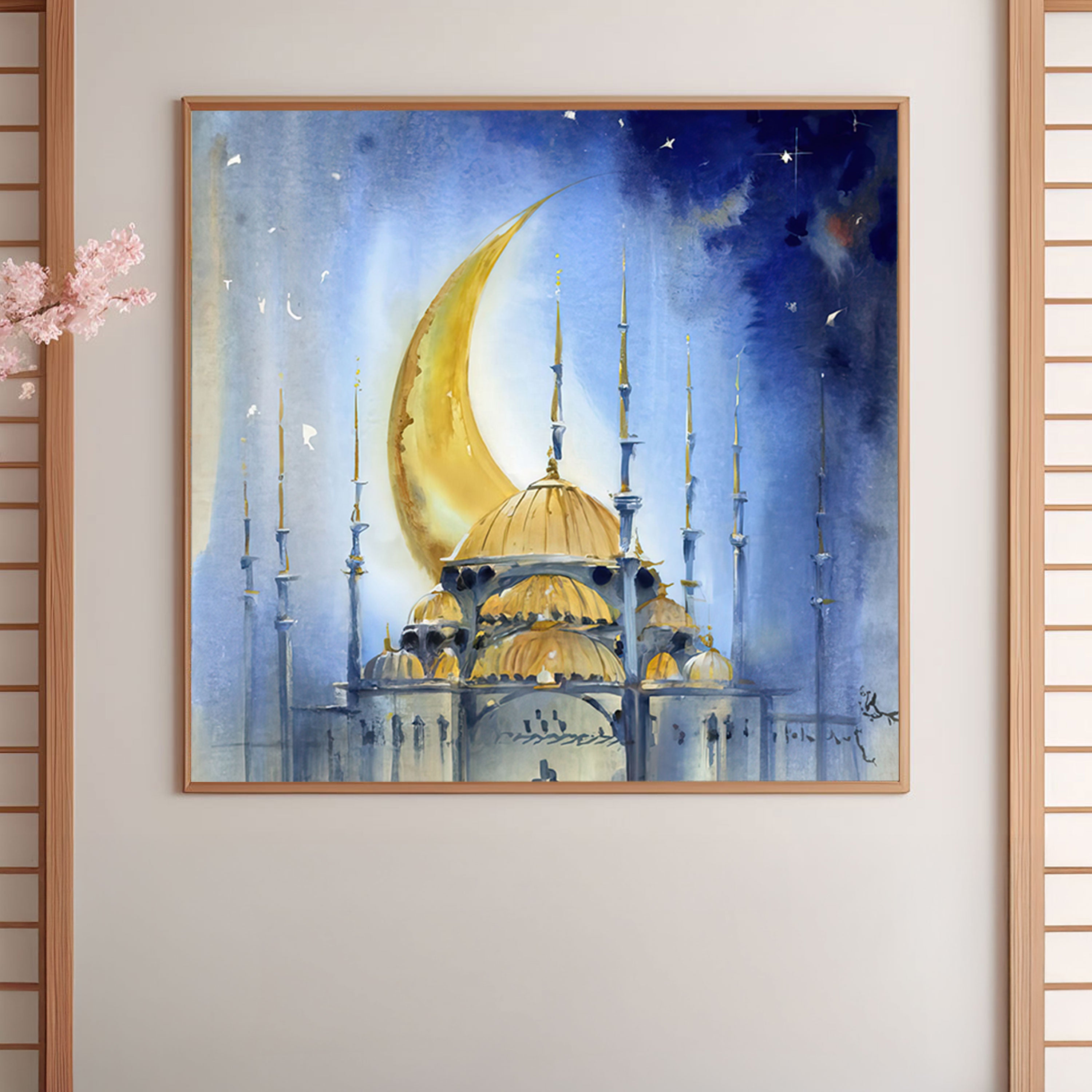 Moonlit Duas – Crescent & Mosque Spiritual Watercolor Art.
