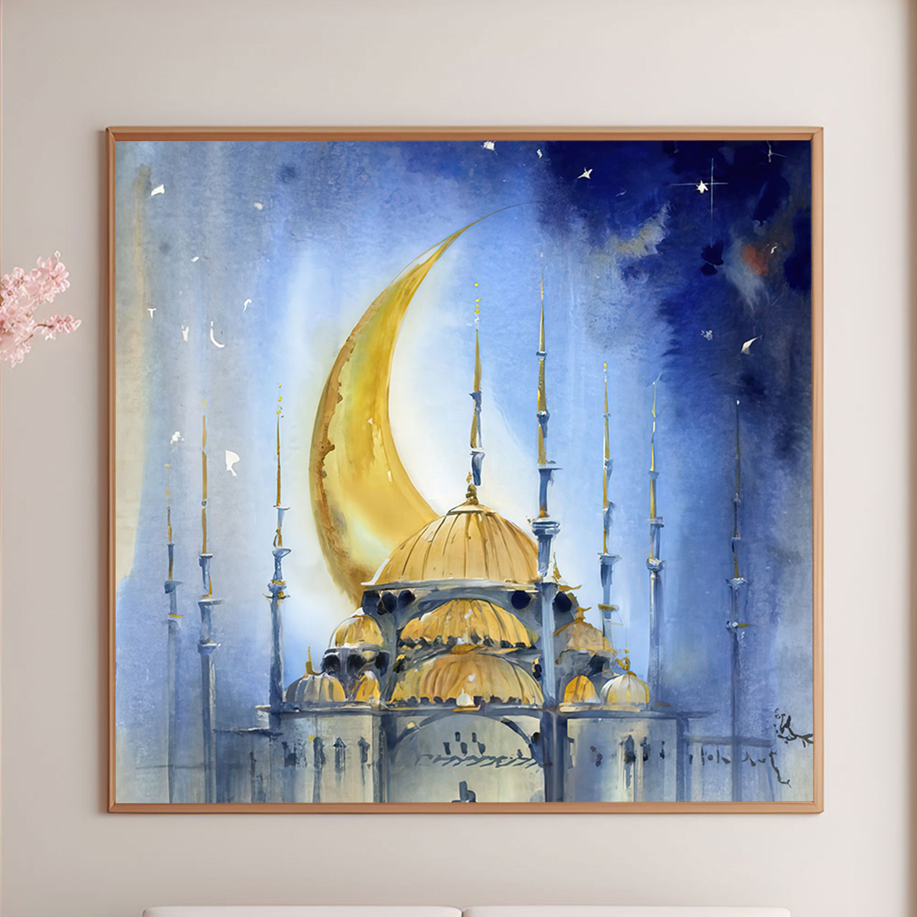 Moonlit Duas – Crescent & Mosque Spiritual Watercolor Art.