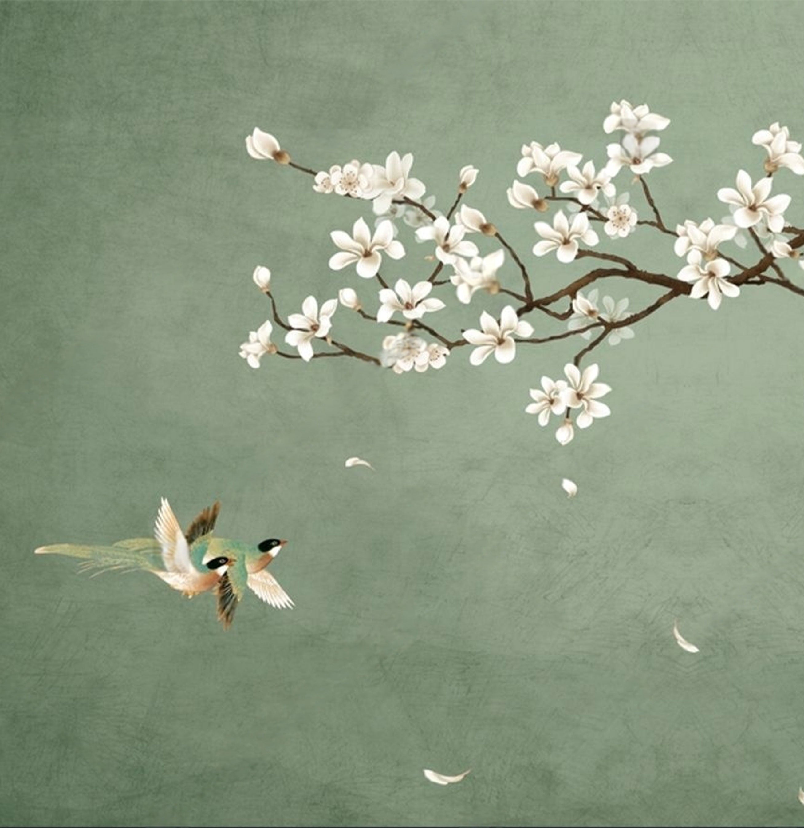 Tranquil Spring Symphony – Botanical Bird Mural Wallpaper.