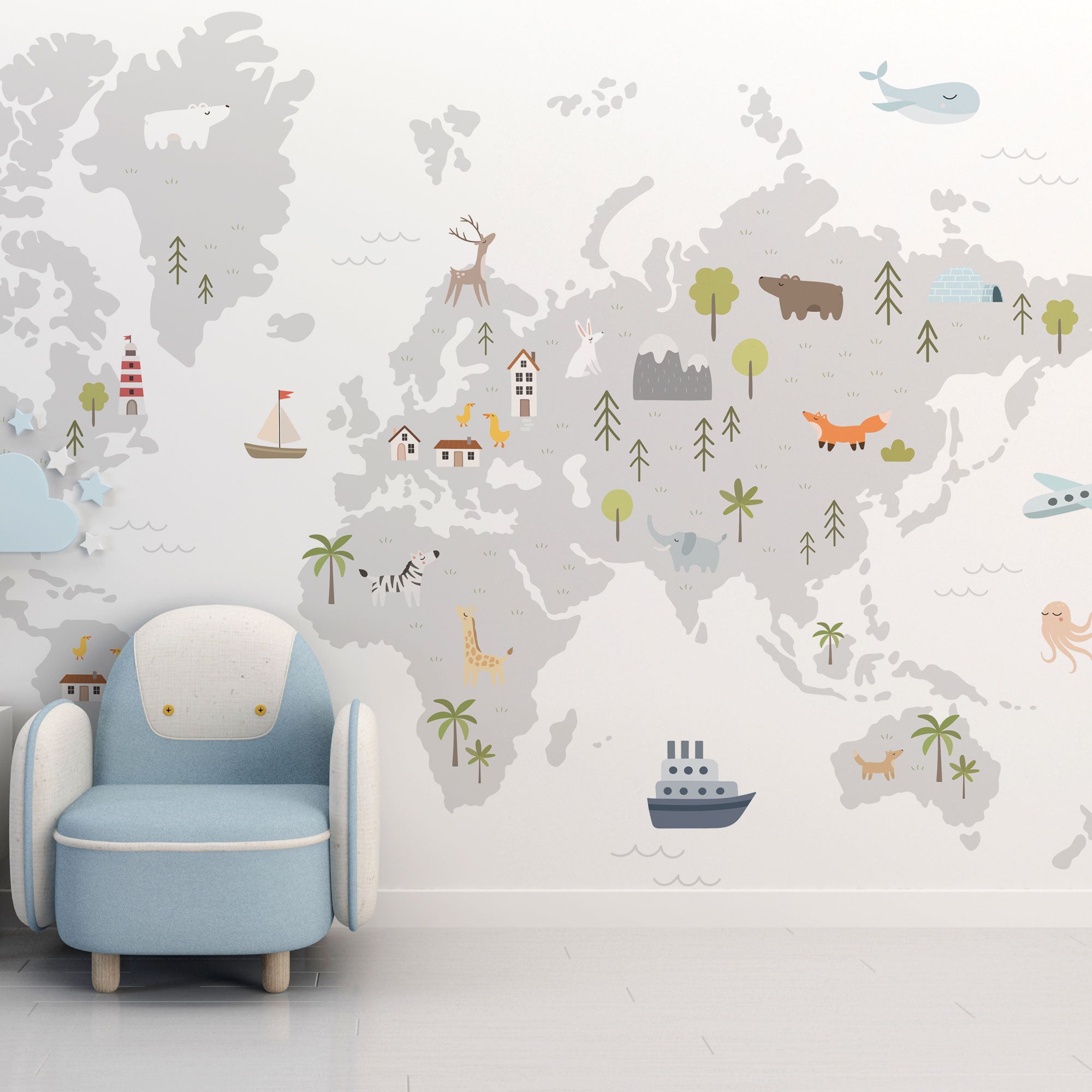 Minimal Explorer – World Map Wallpaper with Animals & Icons
