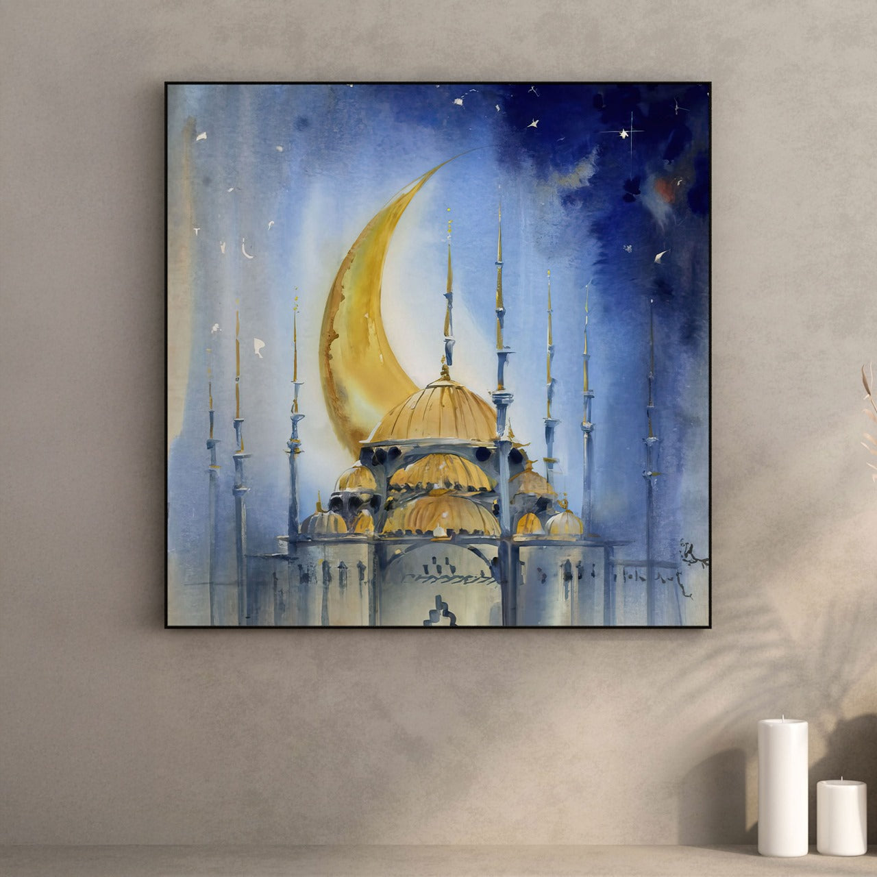 Moonlit Duas – Crescent & Mosque Spiritual Watercolor Art.
