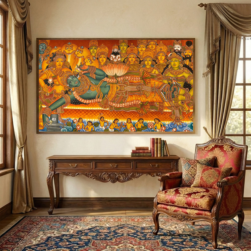 Handmade Anantashayana Vishnu Painting | 4x3 Ft  Cosmic Balance Sacred Art
