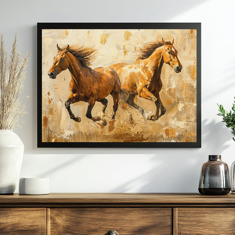 Golden Horses Running Painting by Krutik – Modern Equestrian Wall Art