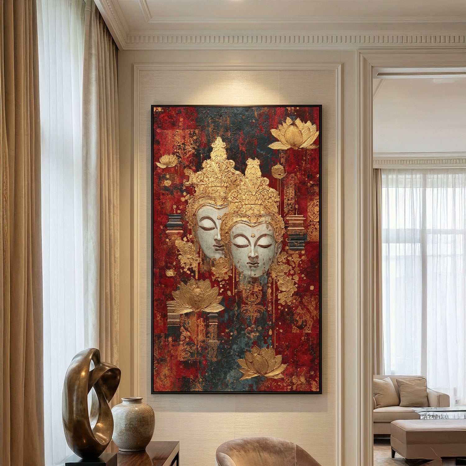 Luxury Red Gold Buddha Face Painting with Lotus | Modern Spiritual Abstract Wall Art