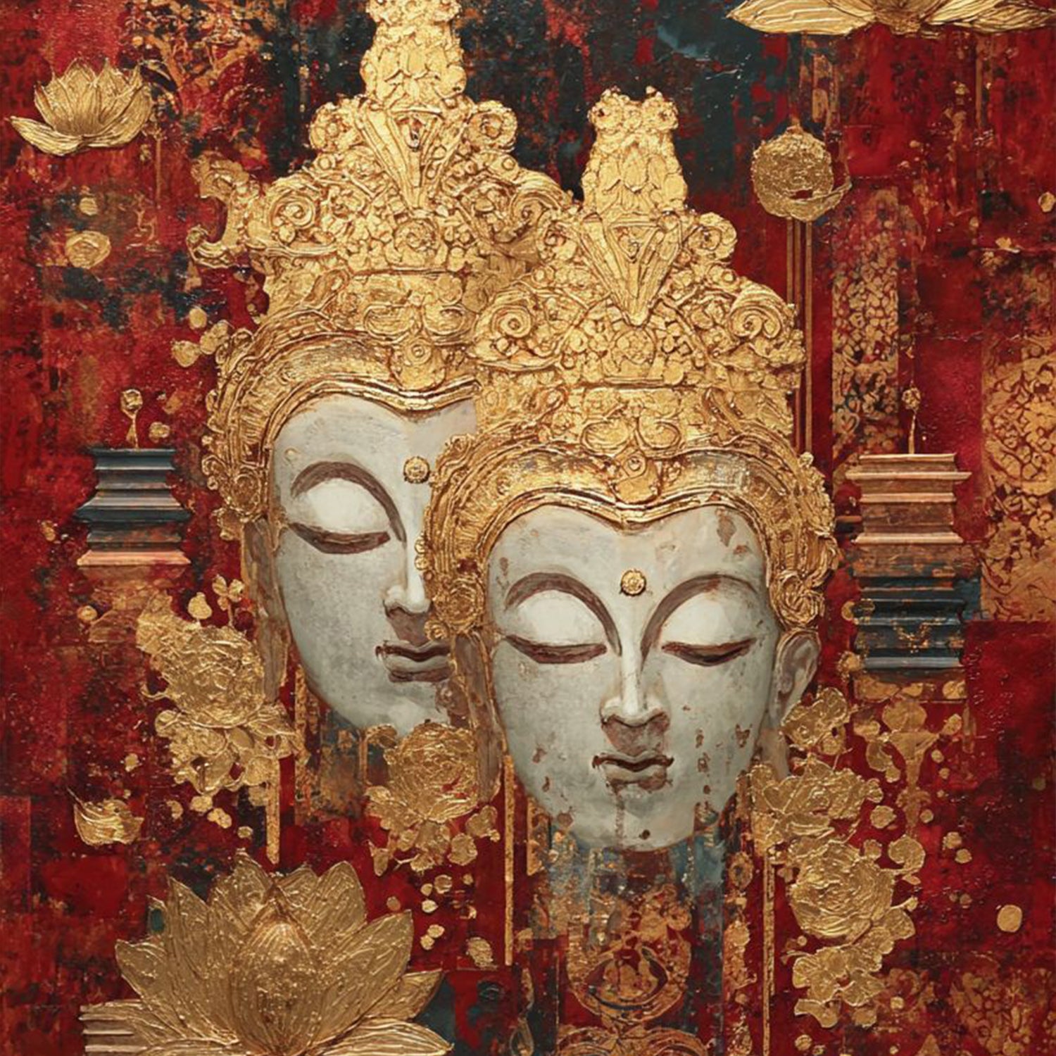 Luxury Red Gold Buddha Face Painting with Lotus | Modern Spiritual Abstract Wall Art