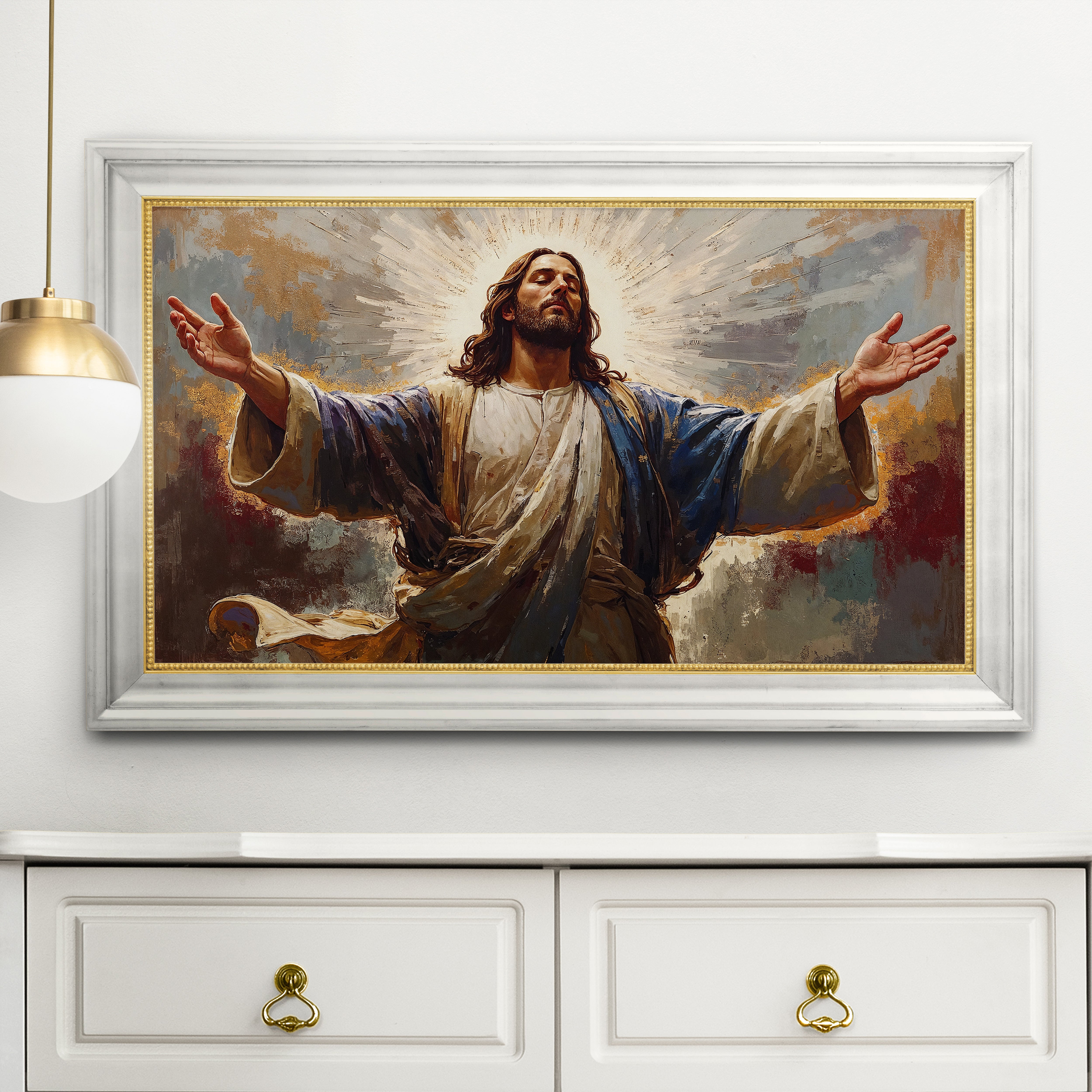 The Ascension of Christ – Canvas Painting with Golden Halo & Cloudscape