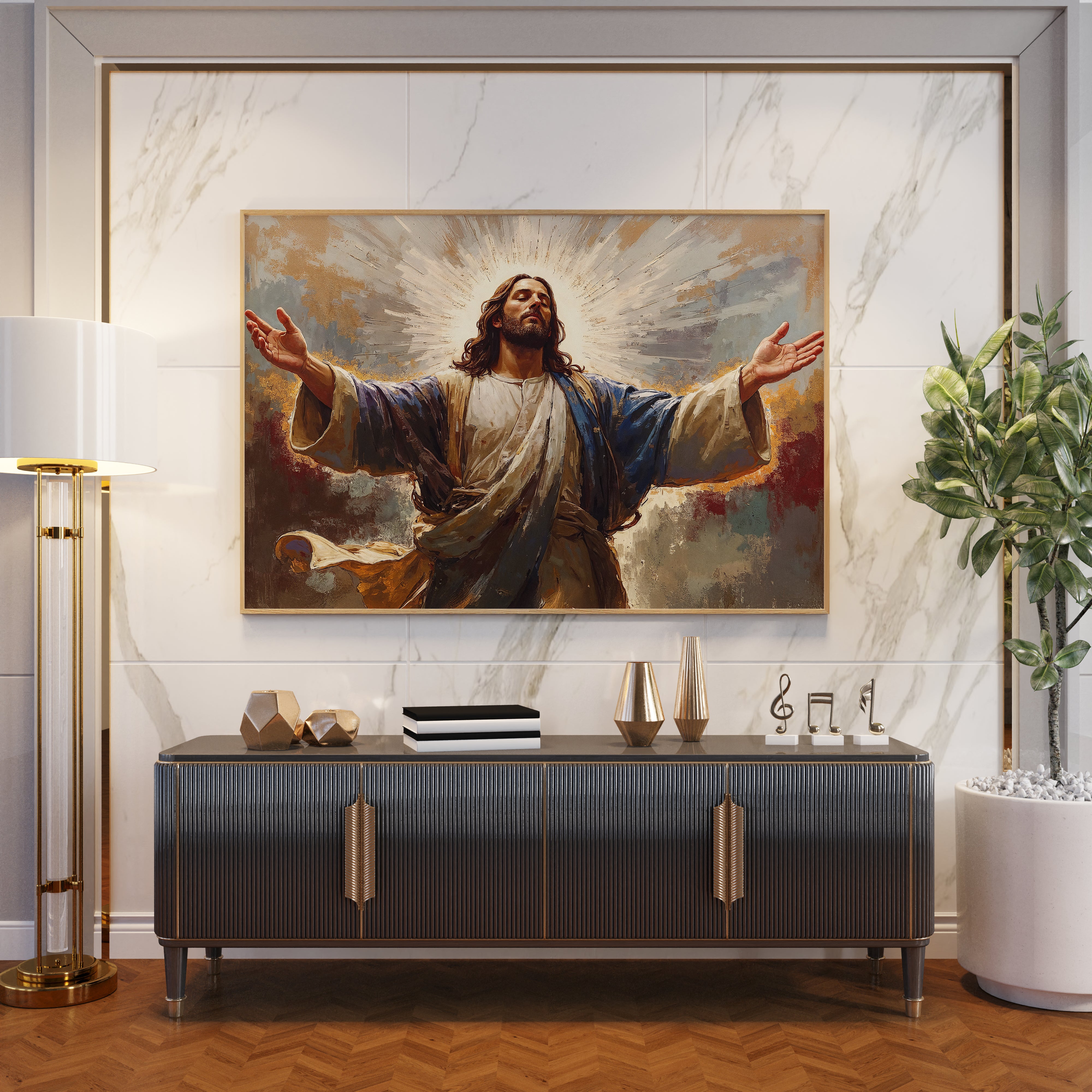 The Ascension of Christ – Canvas Painting with Golden Halo & Cloudscape