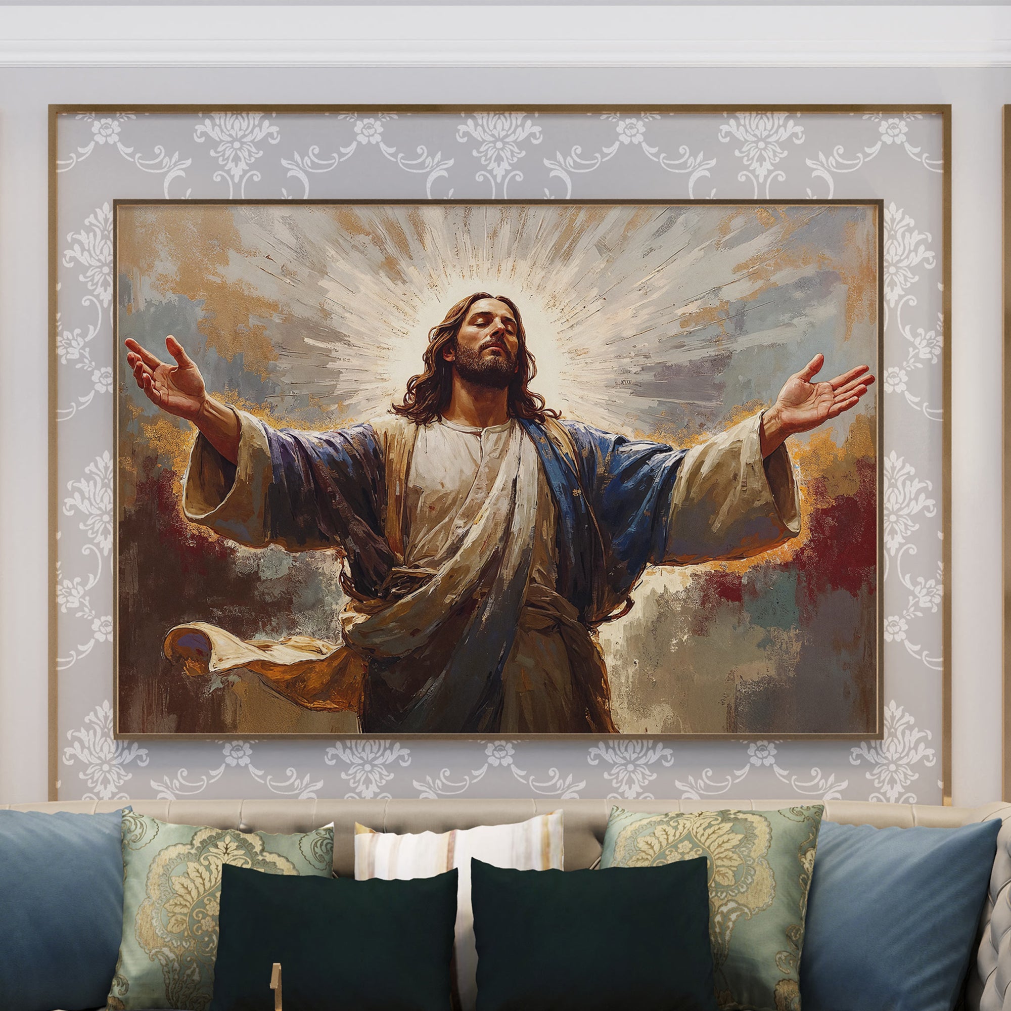 The Ascension of Christ – Canvas Painting with Golden Halo & Cloudscape
