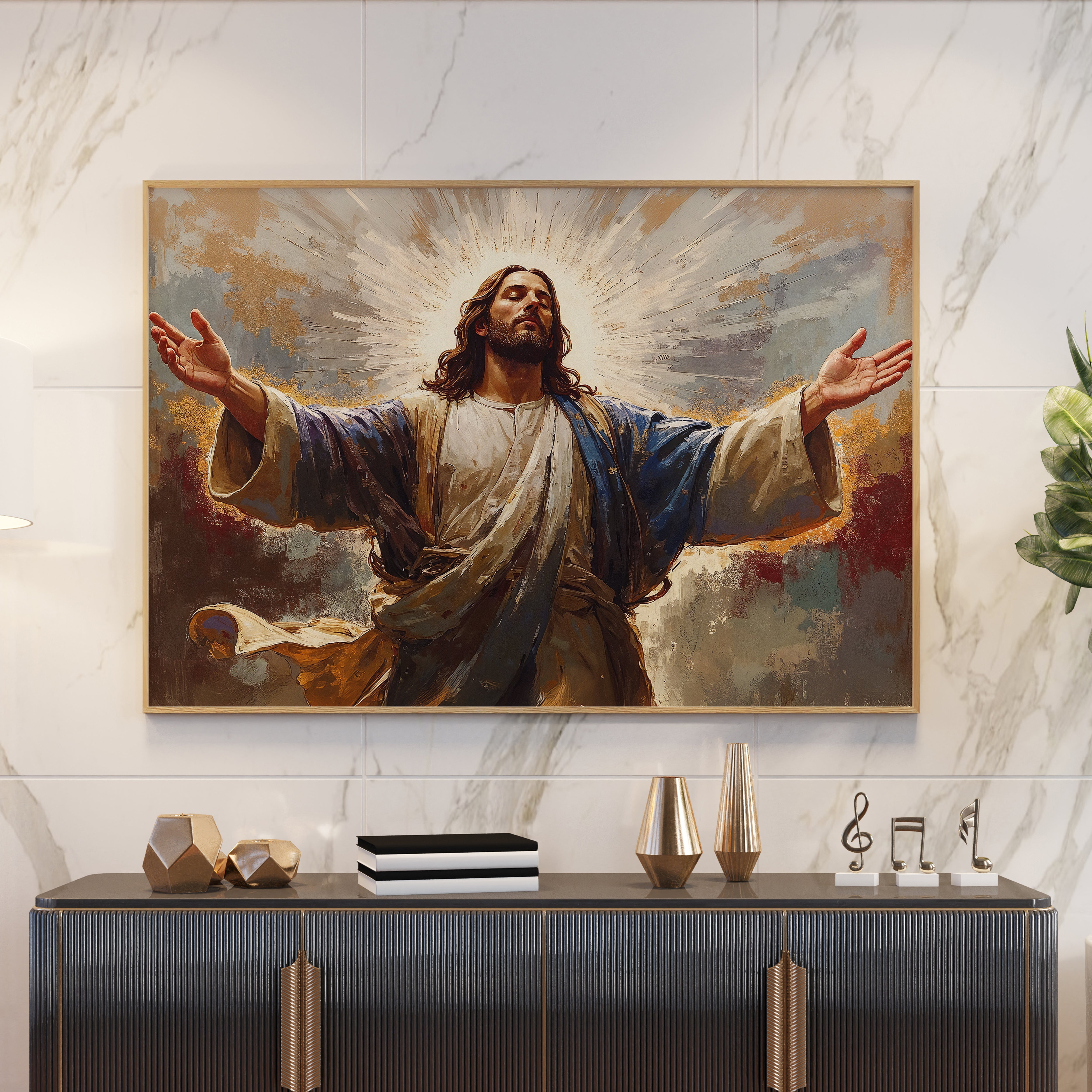 The Ascension of Christ – Canvas Painting with Golden Halo & Cloudscape