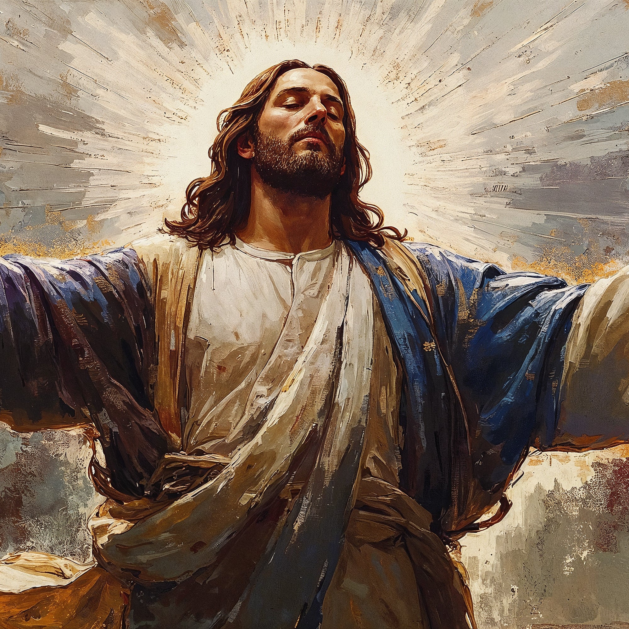 The Ascension of Christ – Canvas Painting with Golden Halo & Cloudscape