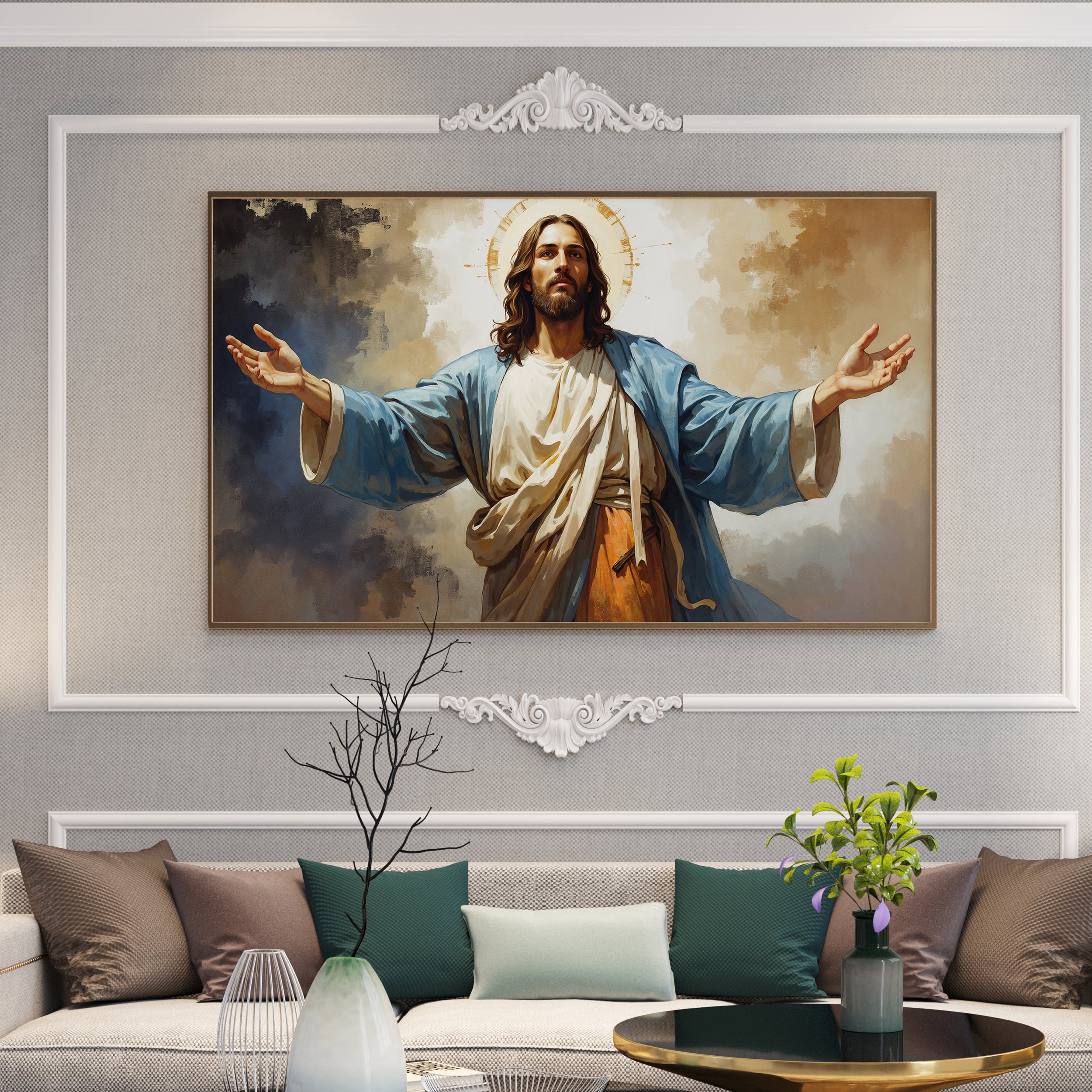 Jesus Christ in Blue Robes with Open Arms – Heavenly Peace Canvas Painting