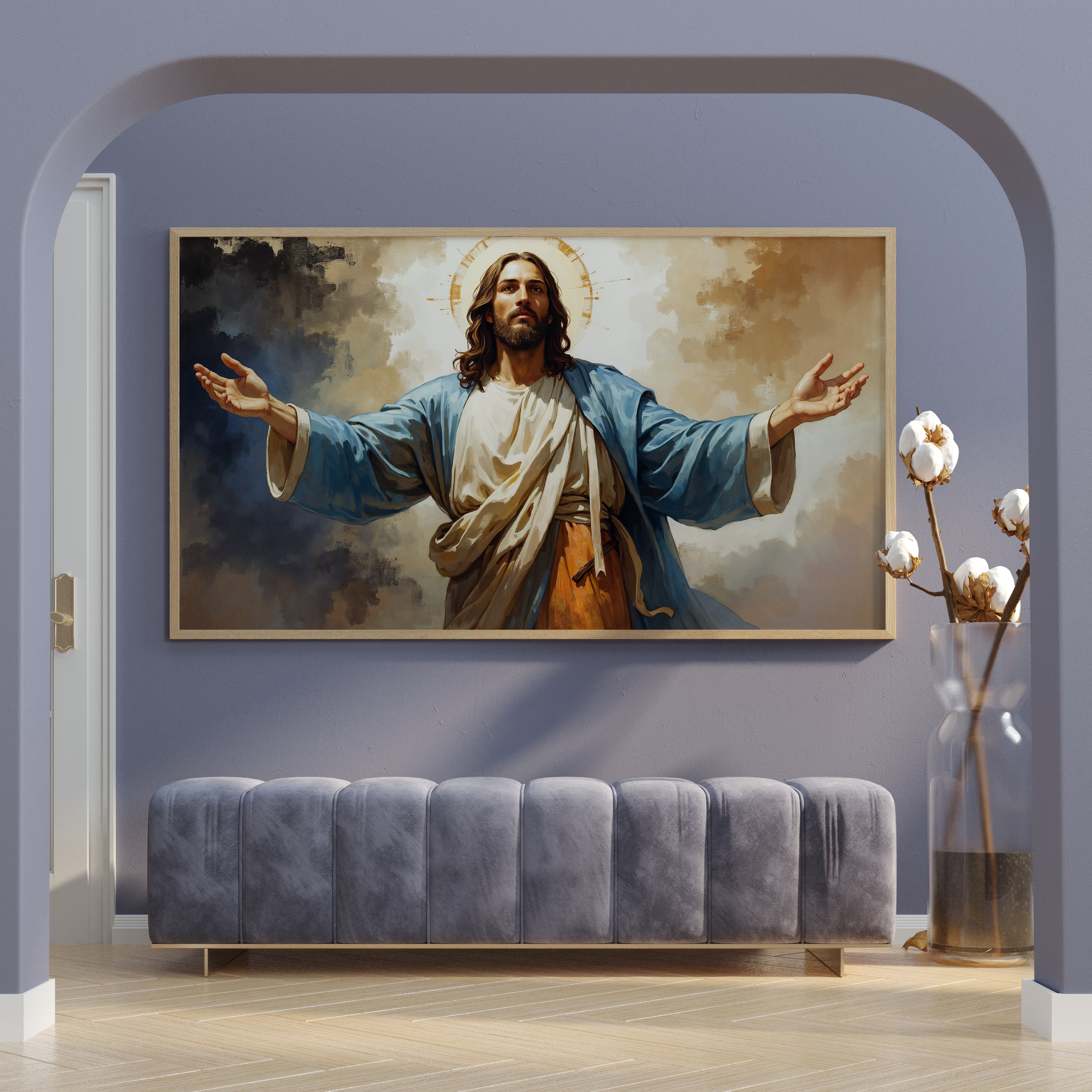 Jesus Christ in Blue Robes with Open Arms – Heavenly Peace Canvas Painting