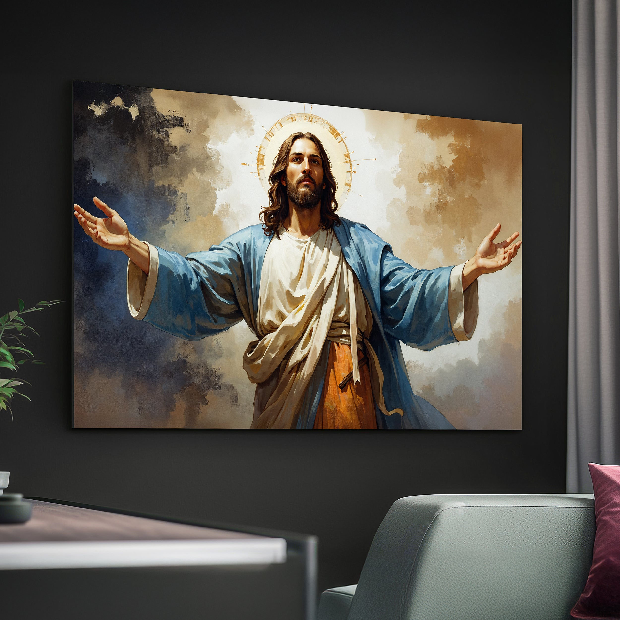 Jesus Christ in Blue Robes with Open Arms – Heavenly Peace Canvas Painting