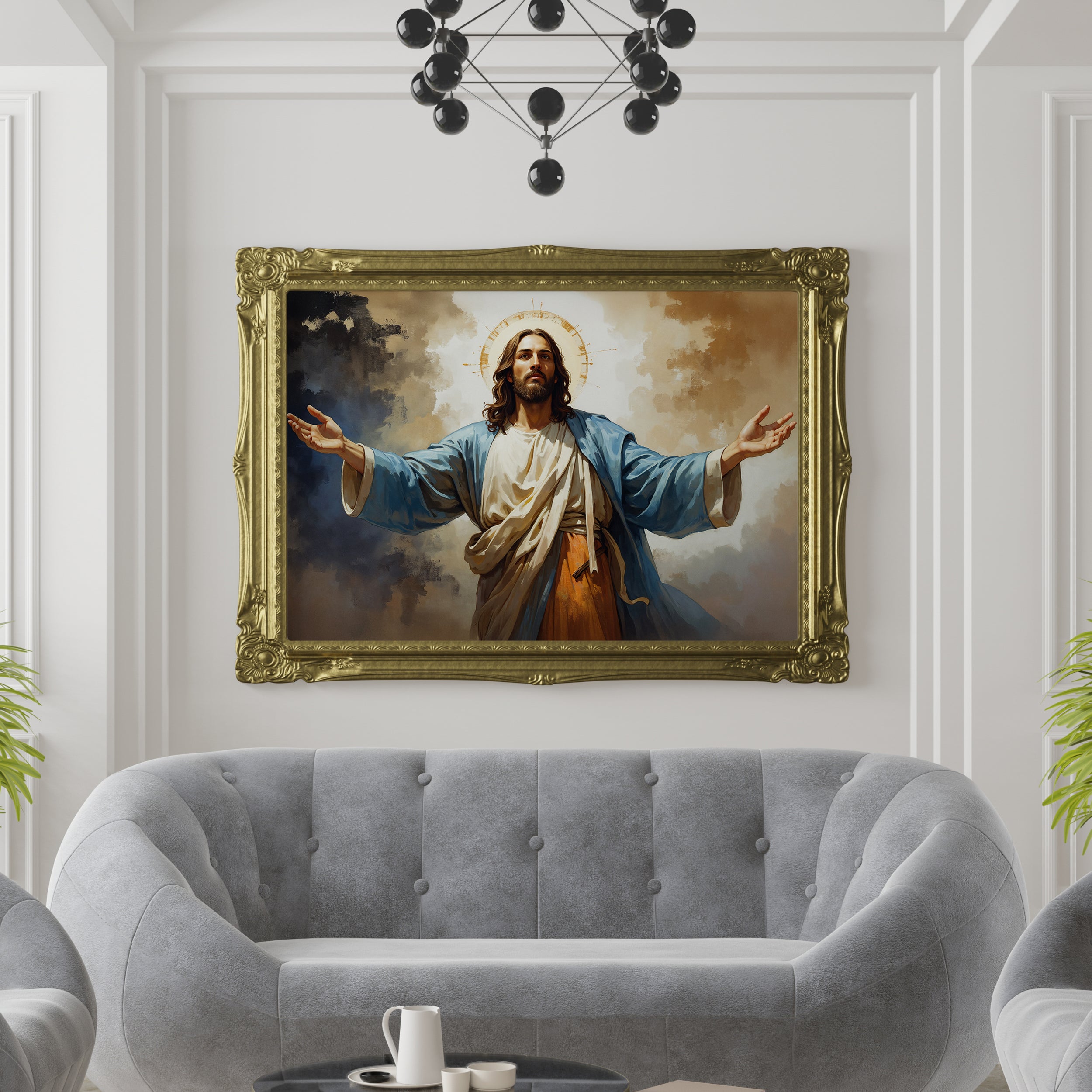 Jesus Christ in Blue Robes with Open Arms – Heavenly Peace Canvas Painting