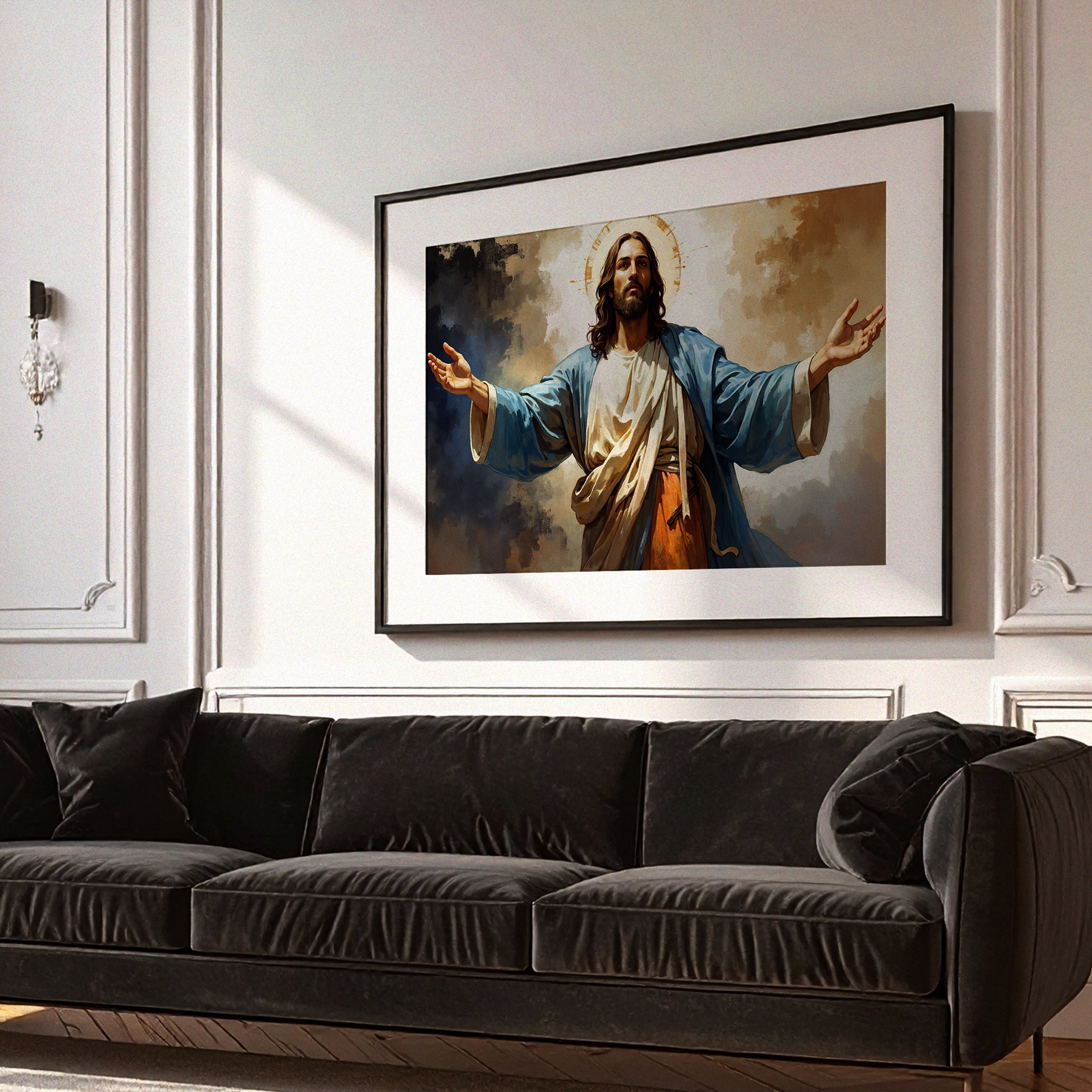 Jesus Christ in Blue Robes with Open Arms – Heavenly Peace Canvas Painting