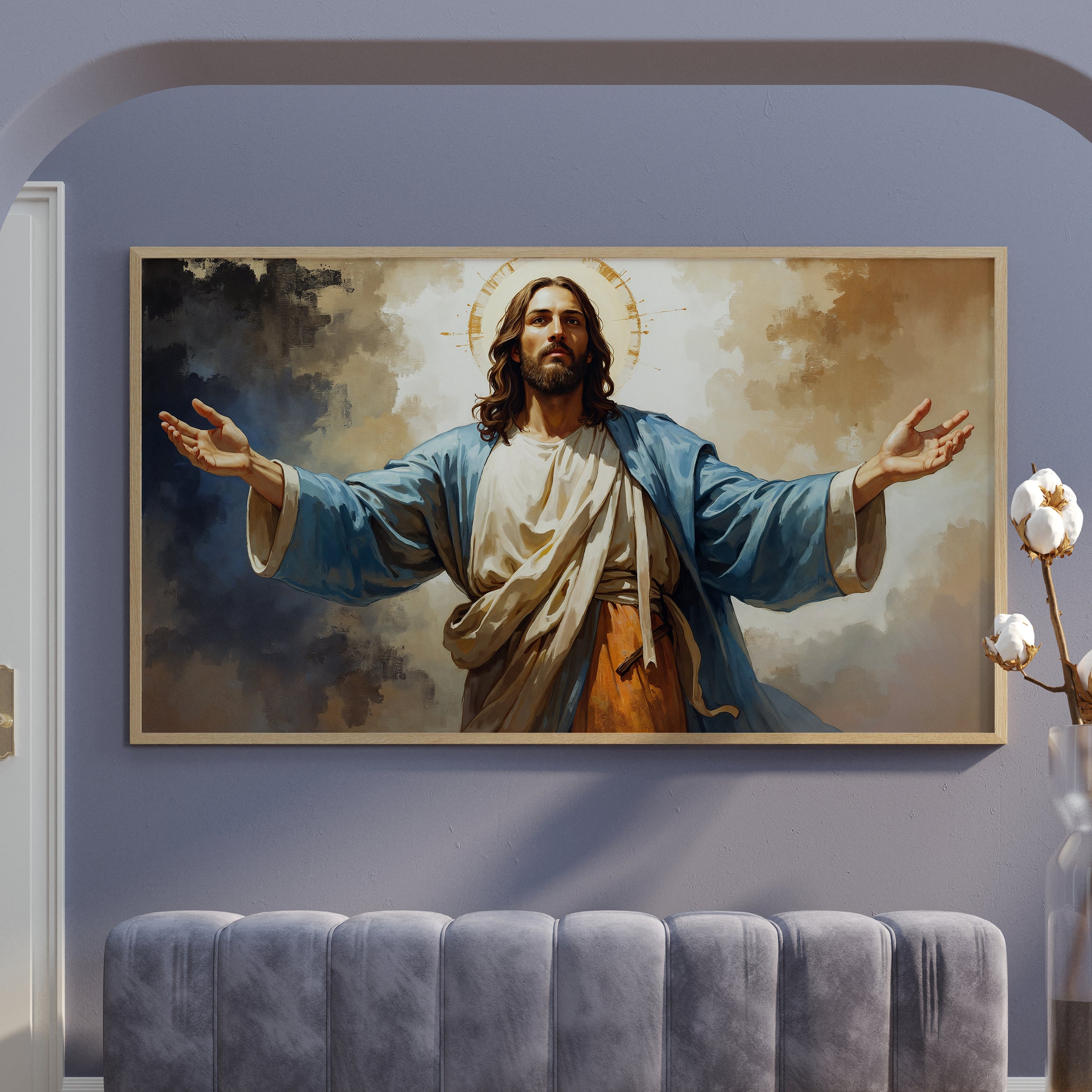 Jesus Christ in Blue Robes with Open Arms – Heavenly Peace Canvas Painting