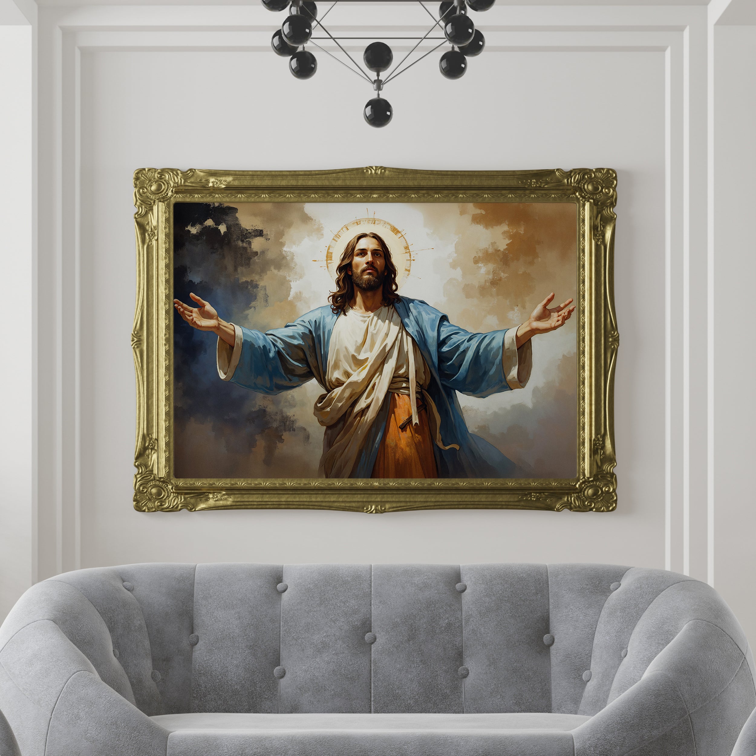 Jesus Christ in Blue Robes with Open Arms – Heavenly Peace Canvas Painting
