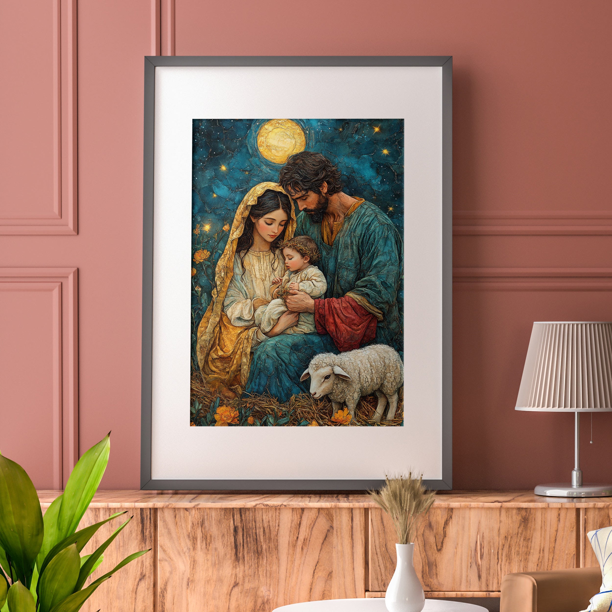 The Holy Family Under the Stars – Nativity Scene Canvas Painting