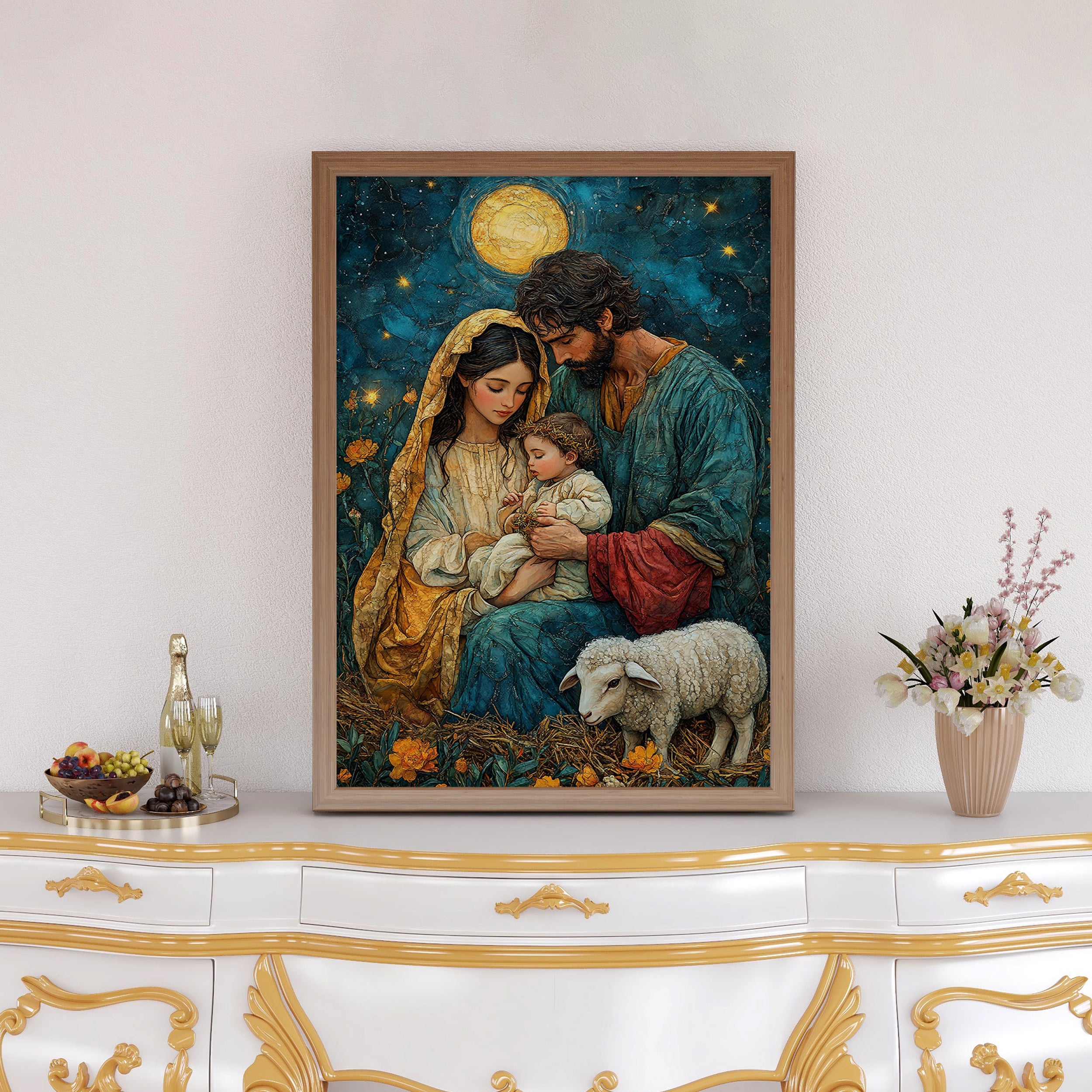 The Holy Family Under the Stars – Nativity Scene Canvas Painting