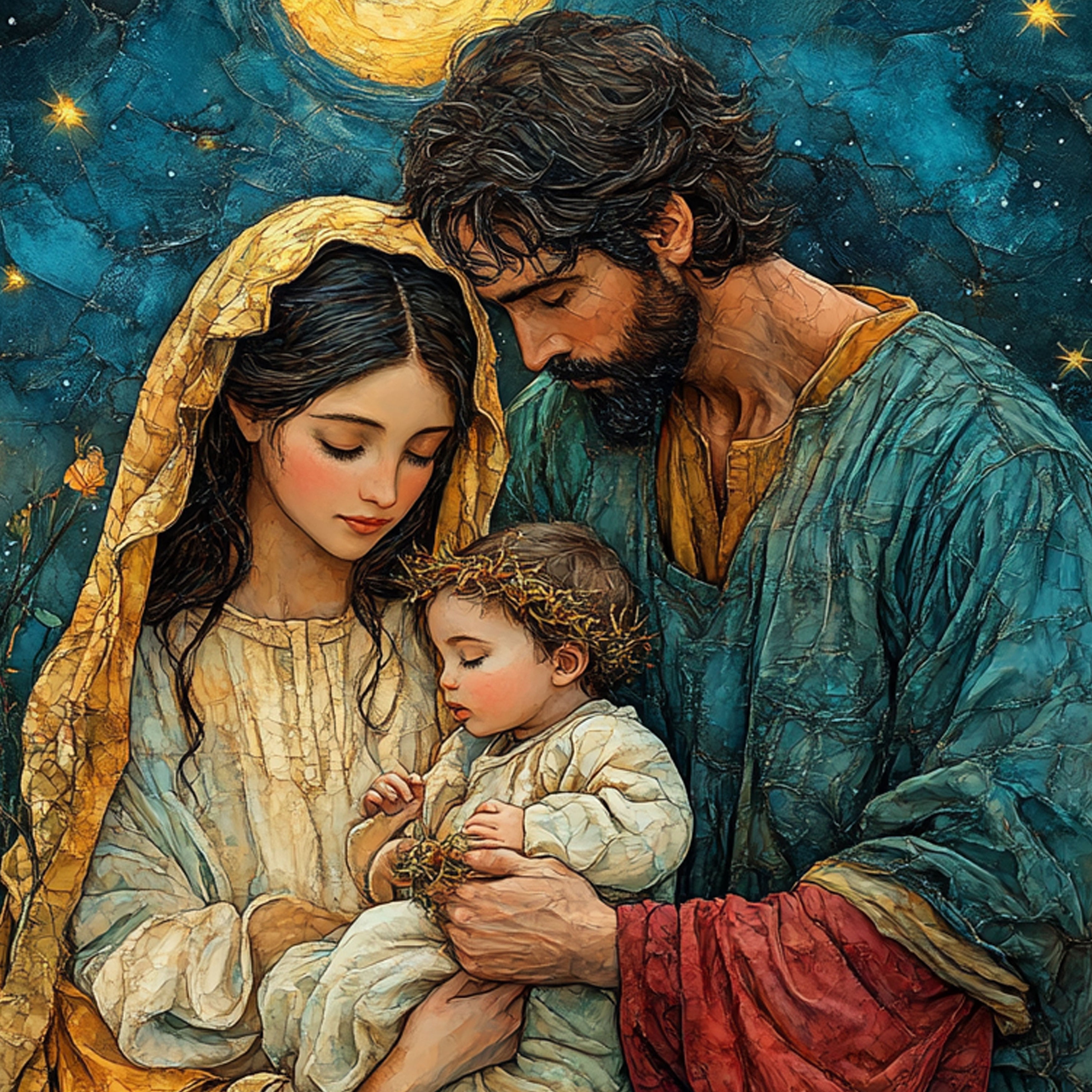 The Holy Family Under the Stars – Nativity Scene Canvas Painting