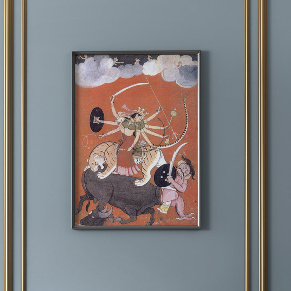 Durga Slaying Mahishasura Painting by Krutik – Divine Strength Indian Art