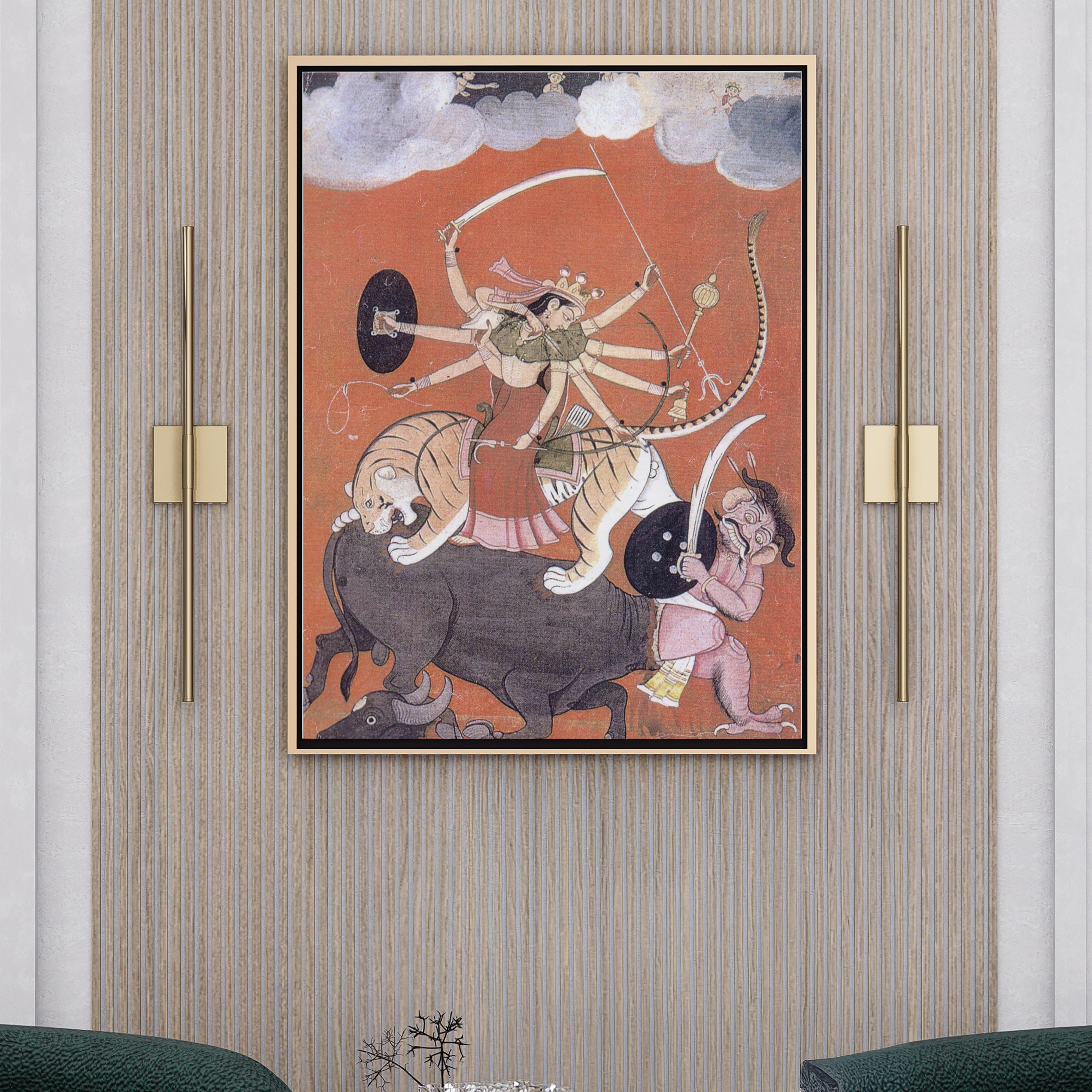 Durga Slaying Mahishasura Painting by Krutik – Divine Strength Indian Art