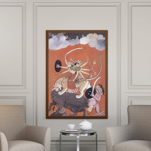 Durga Slaying Mahishasura Painting by Krutik – Divine Strength Indian Art