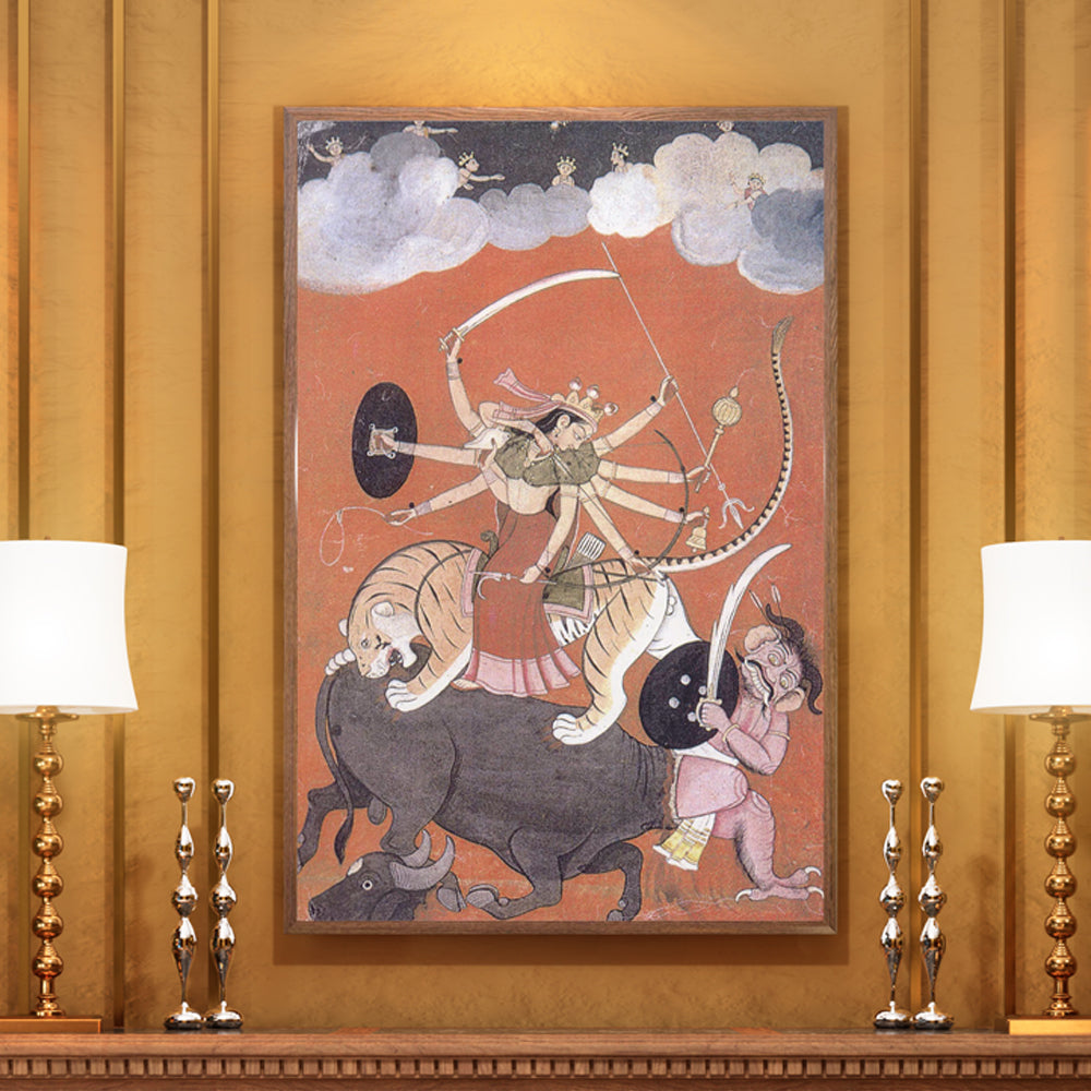 Durga Slaying Mahishasura Painting by Krutik – Divine Strength Indian Art