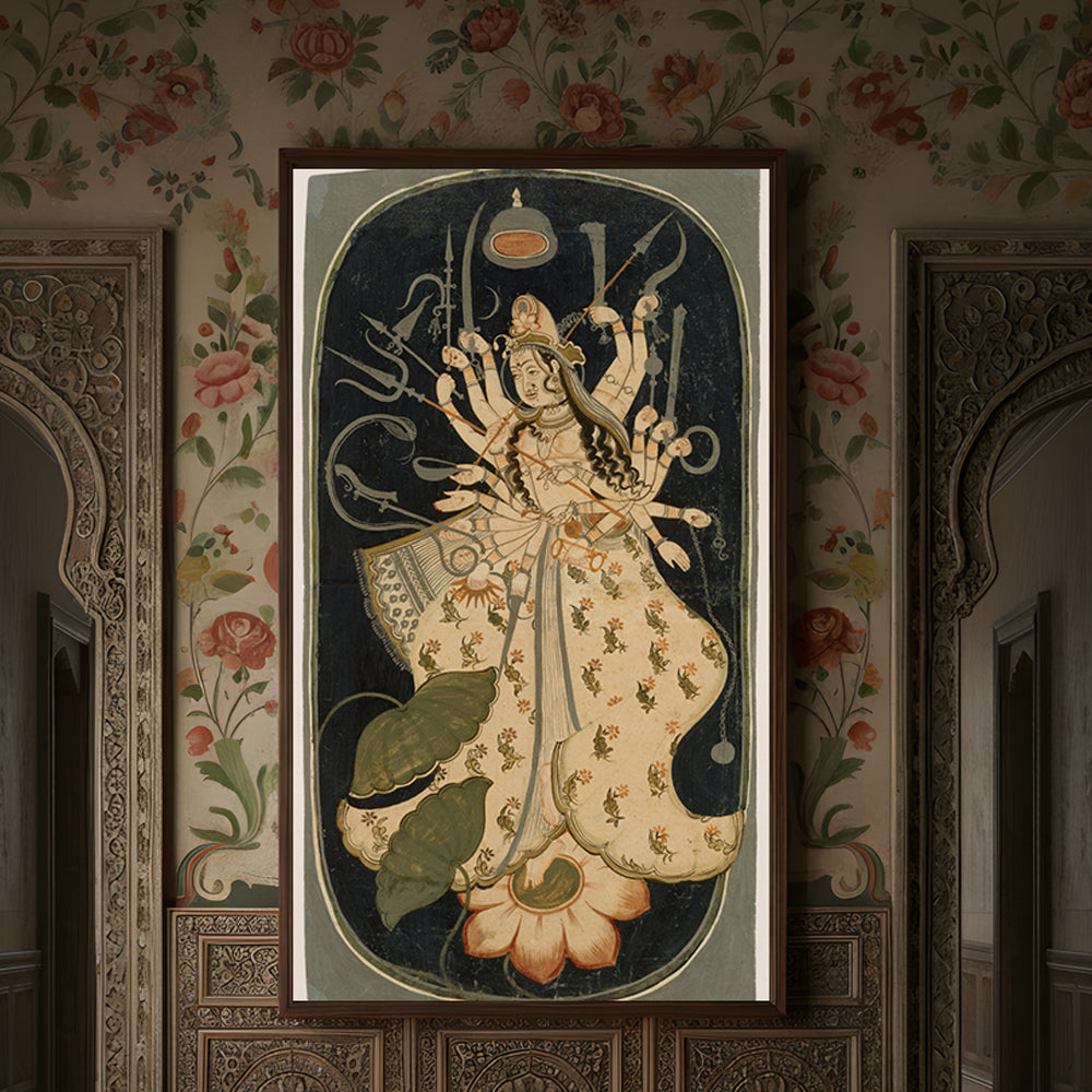 Durga Maa Lotus Floral Painting by Krutik – Divine Strength & Grace