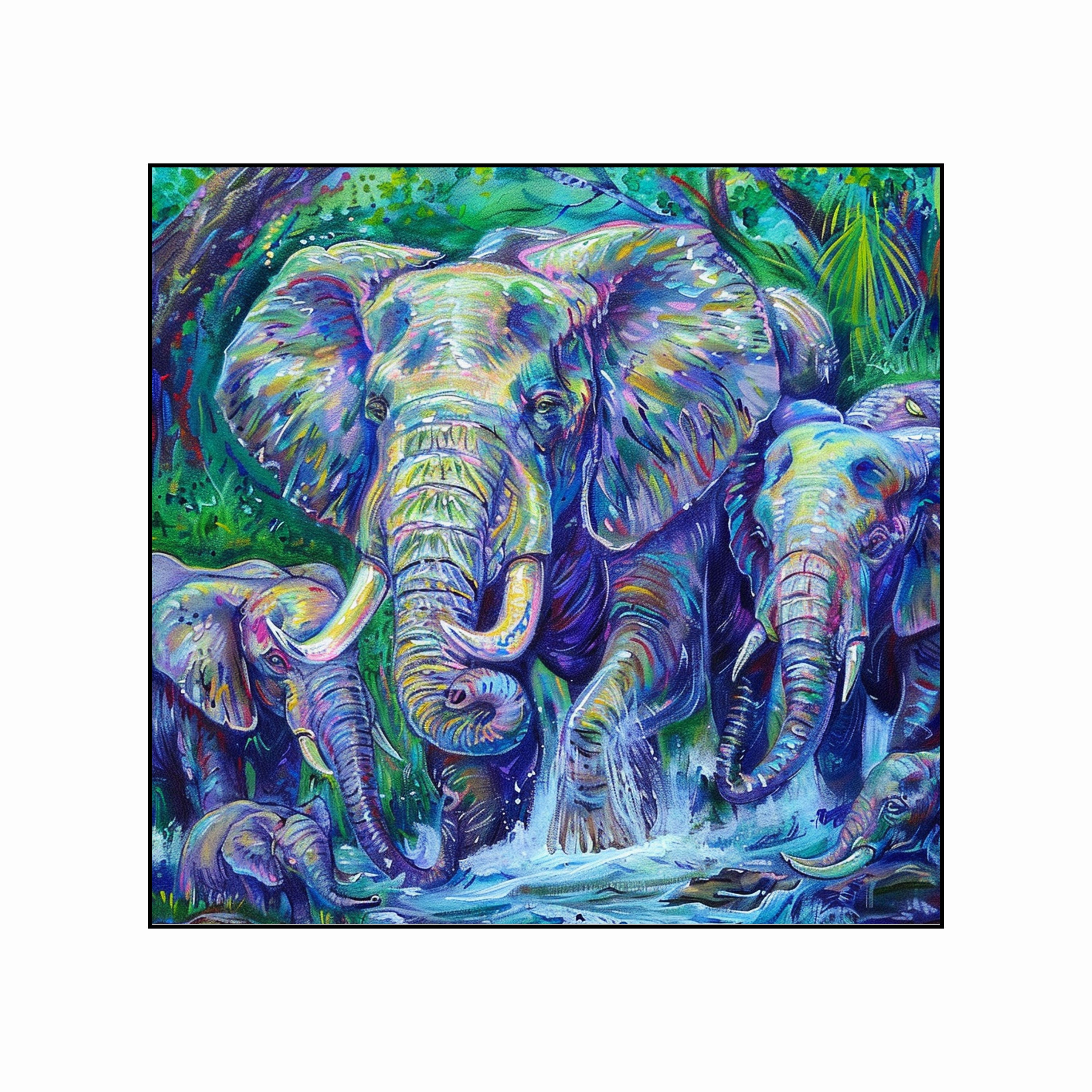 Elephant Herd Canvas Painting – Vibrant Wildlife Wall Painting for Home.