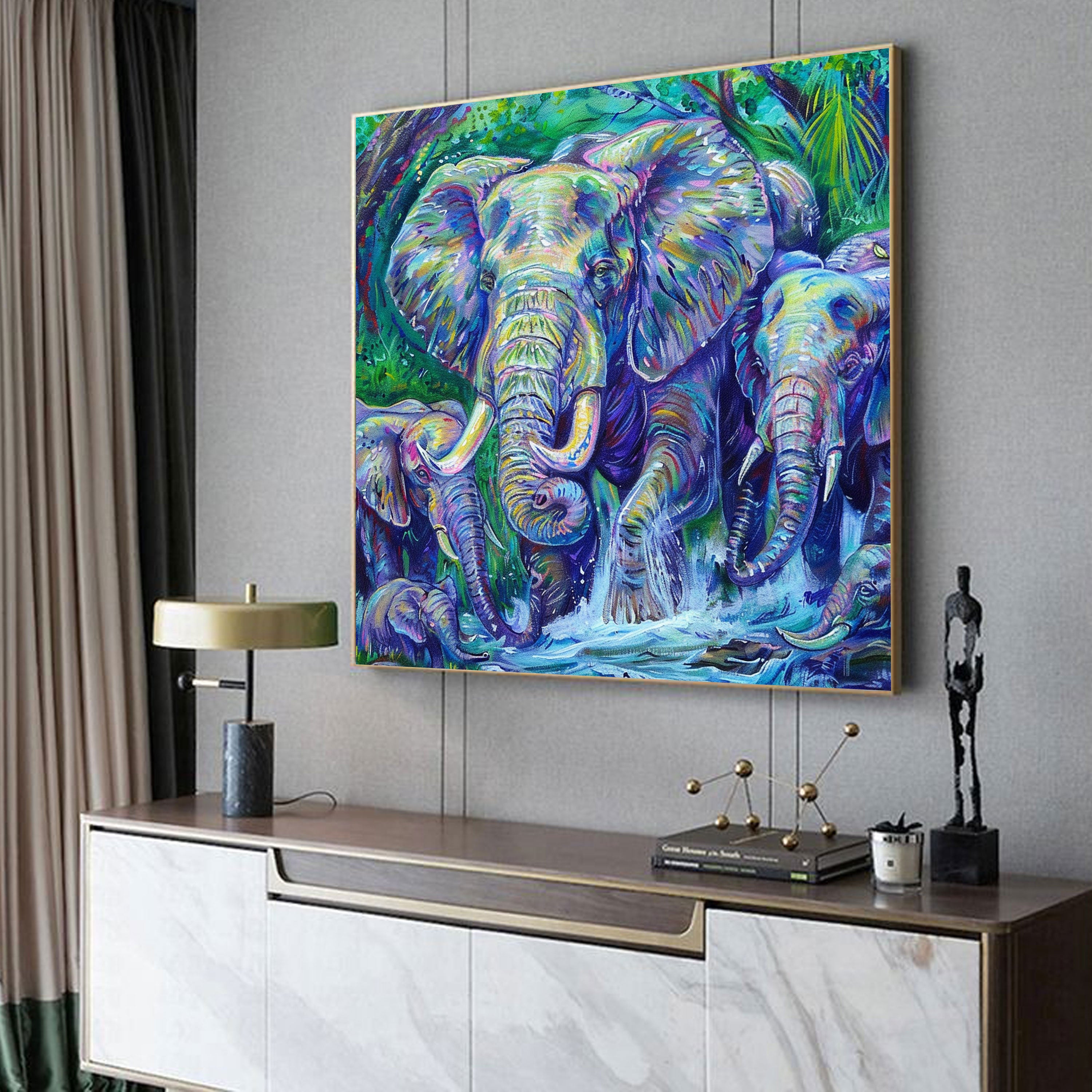Elephant Herd Canvas Painting – Vibrant Wildlife Wall Painting for Home.