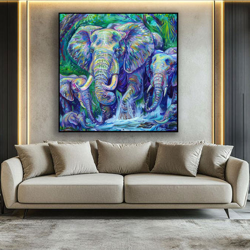 Elephant Herd Canvas Painting – Vibrant Wildlife Wall Painting for Home.