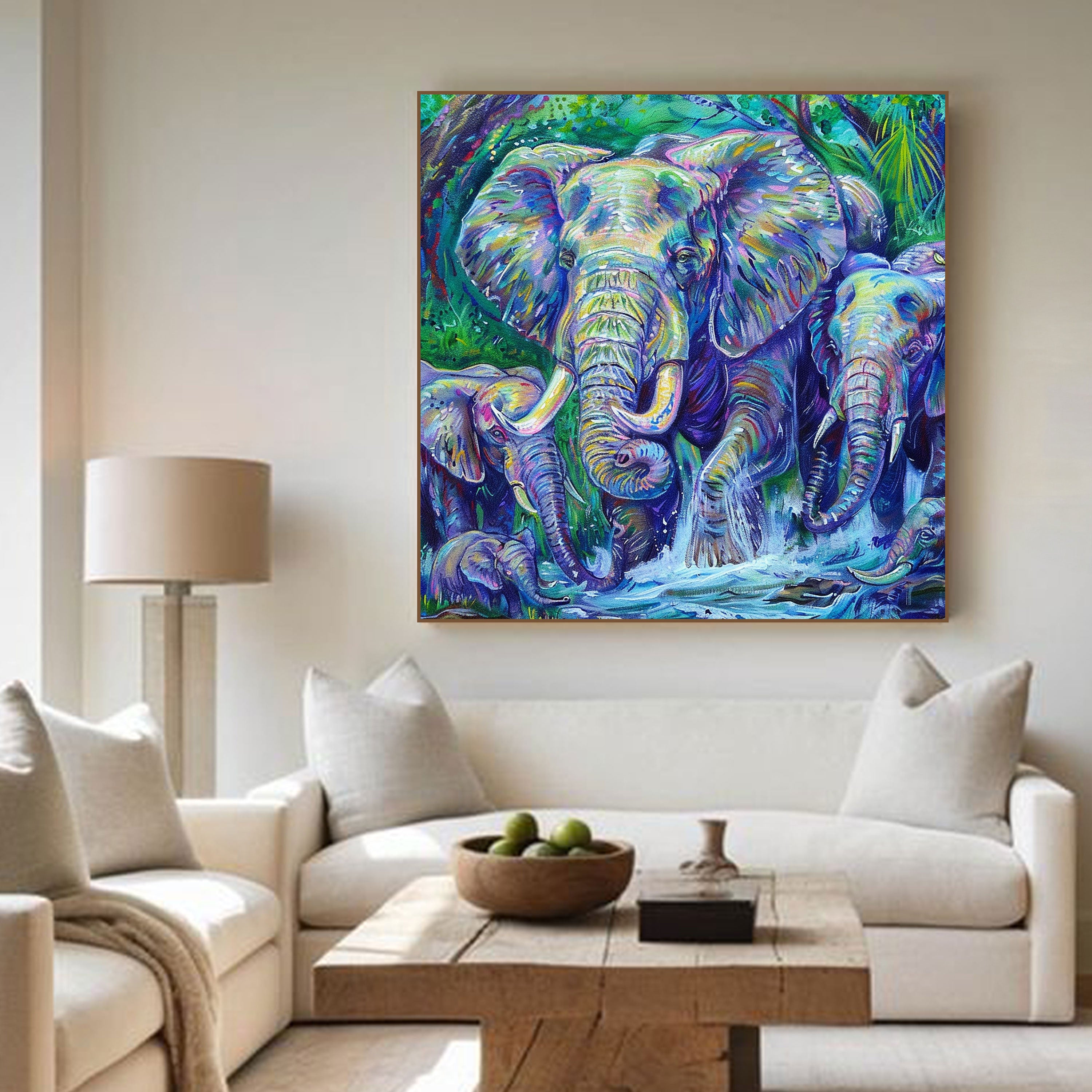 Elephant Herd Canvas Painting – Vibrant Wildlife Wall Painting for Home.