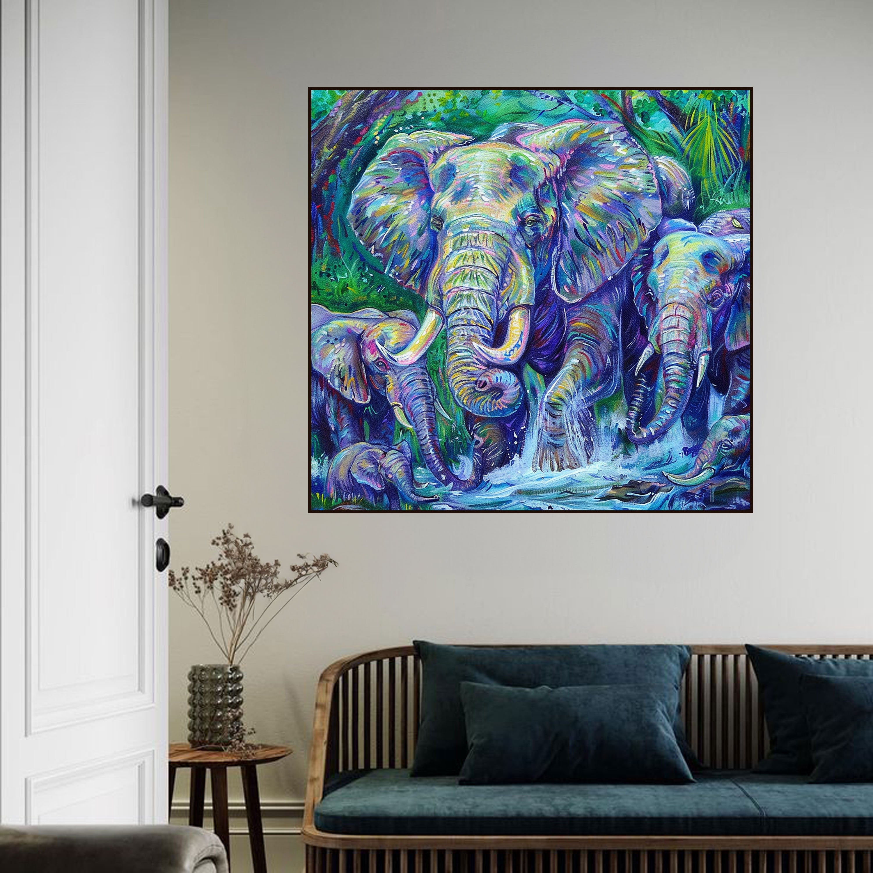 Elephant Herd Canvas Painting – Vibrant Wildlife Wall Painting for Home.