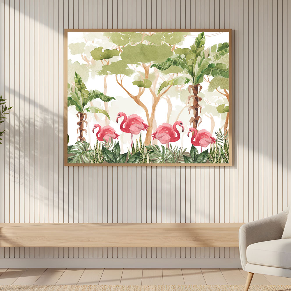 Flamingo Paradise Watercolor Painting by Krutik – Lush Tropical Wall Art