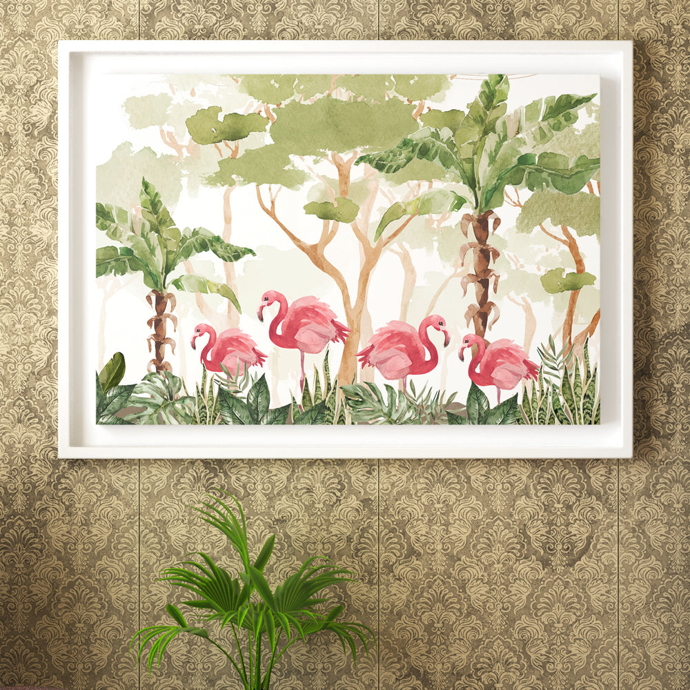 Flamingo Paradise Watercolor Painting by Krutik – Lush Tropical Wall Art