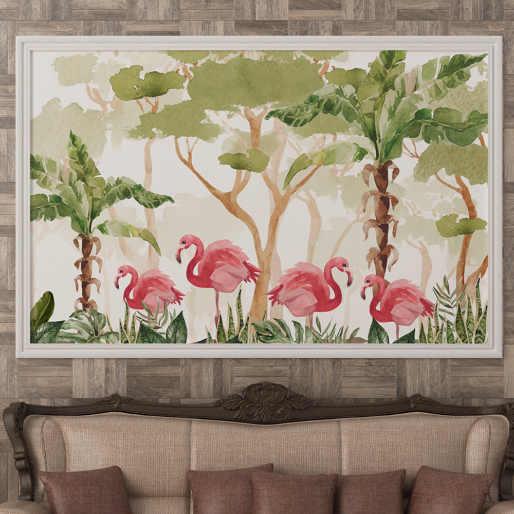Flamingo Paradise Watercolor Painting by Krutik – Lush Tropical Wall Art