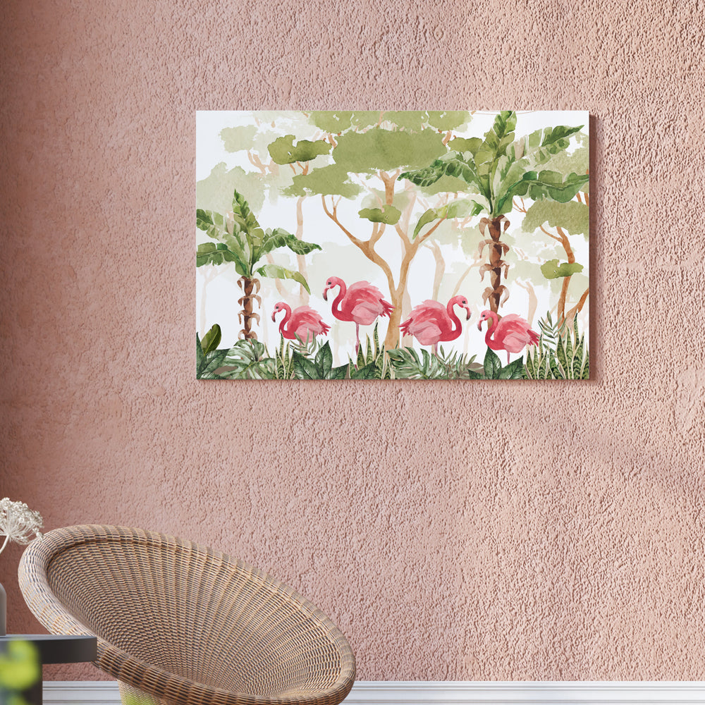 Flamingo Paradise Watercolor Painting by Krutik – Lush Tropical Wall Art