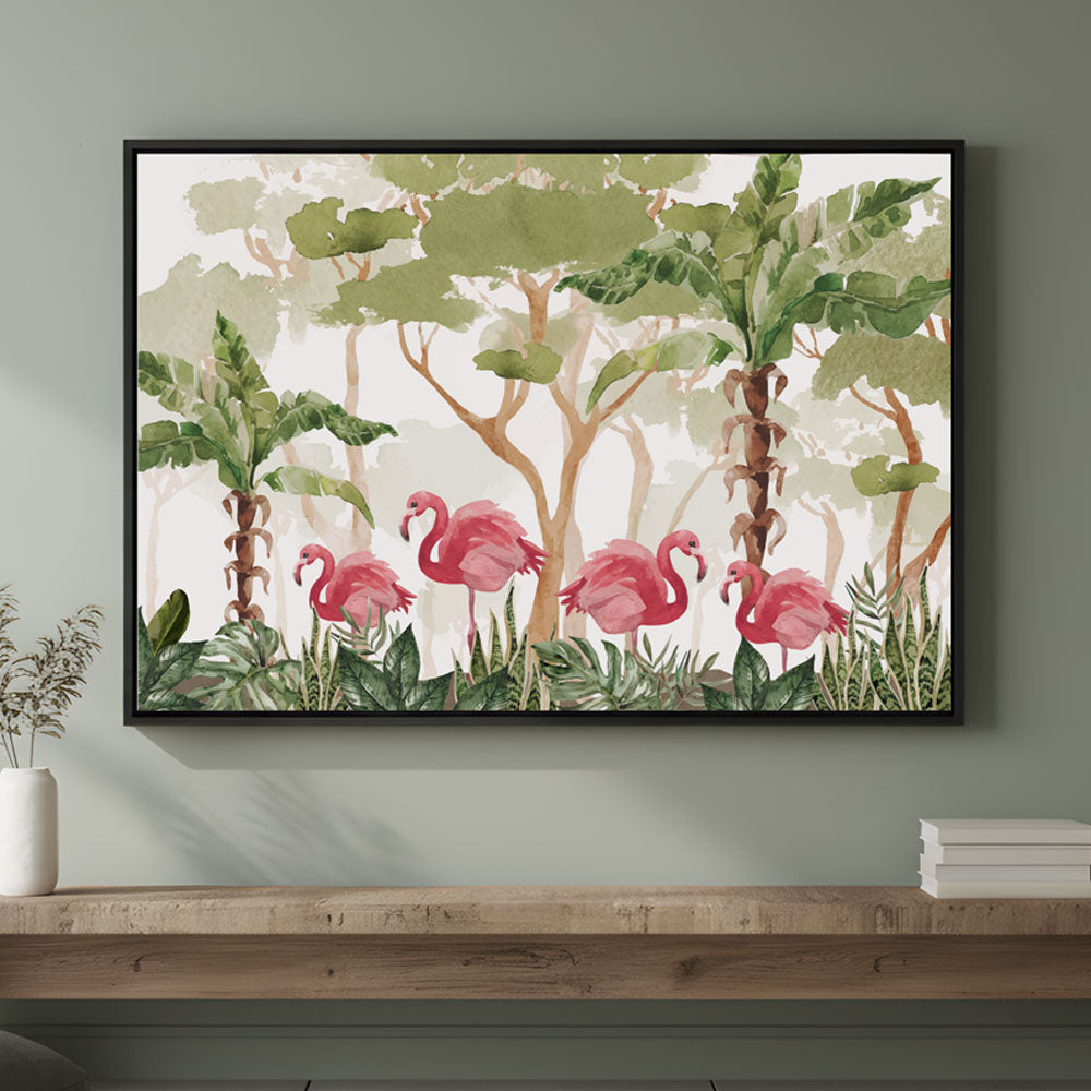 Flamingo Paradise Watercolor Painting by Krutik – Lush Tropical Wall Art