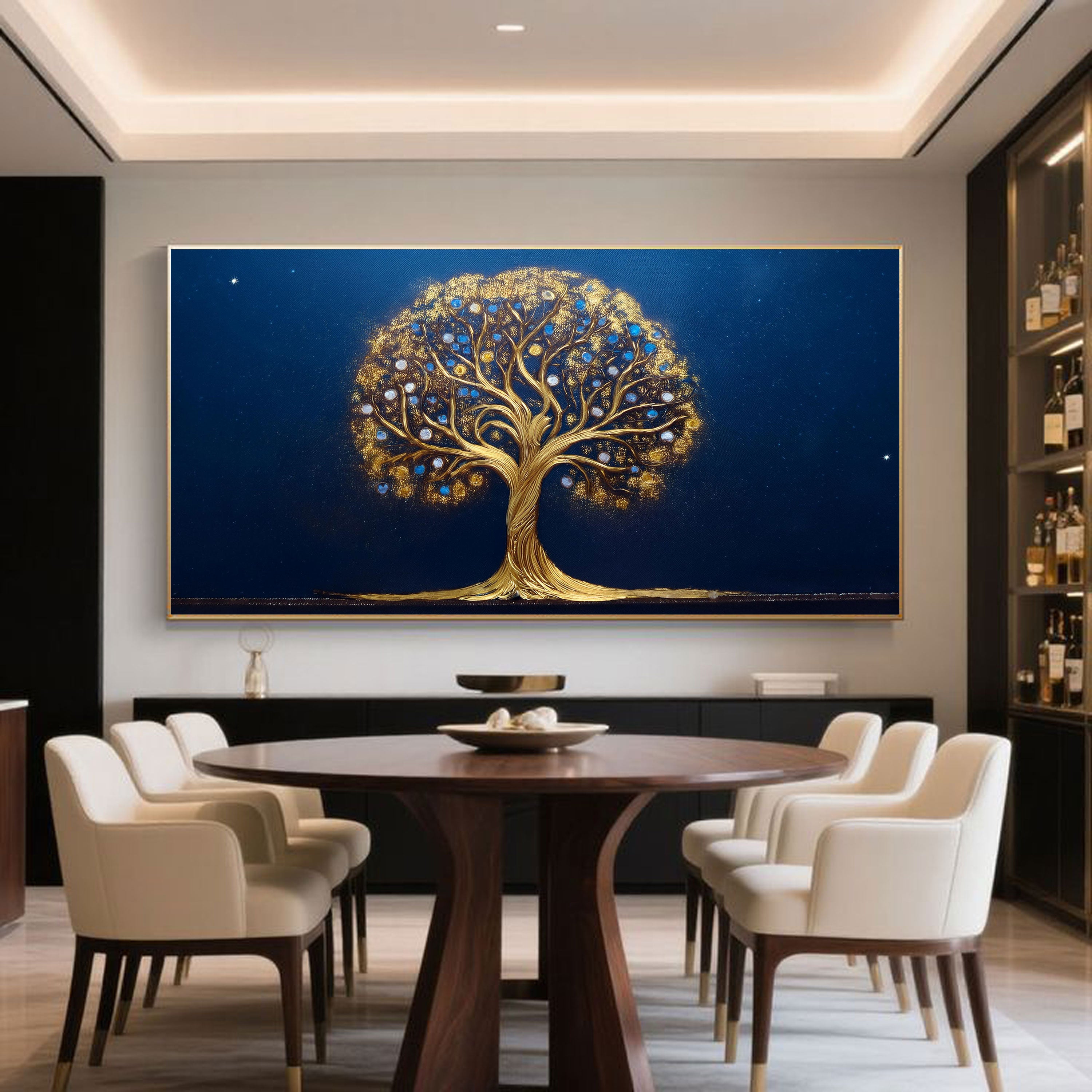 Tree of Life Canvas Painting – Golden Cosmic Wall Painting for Home.