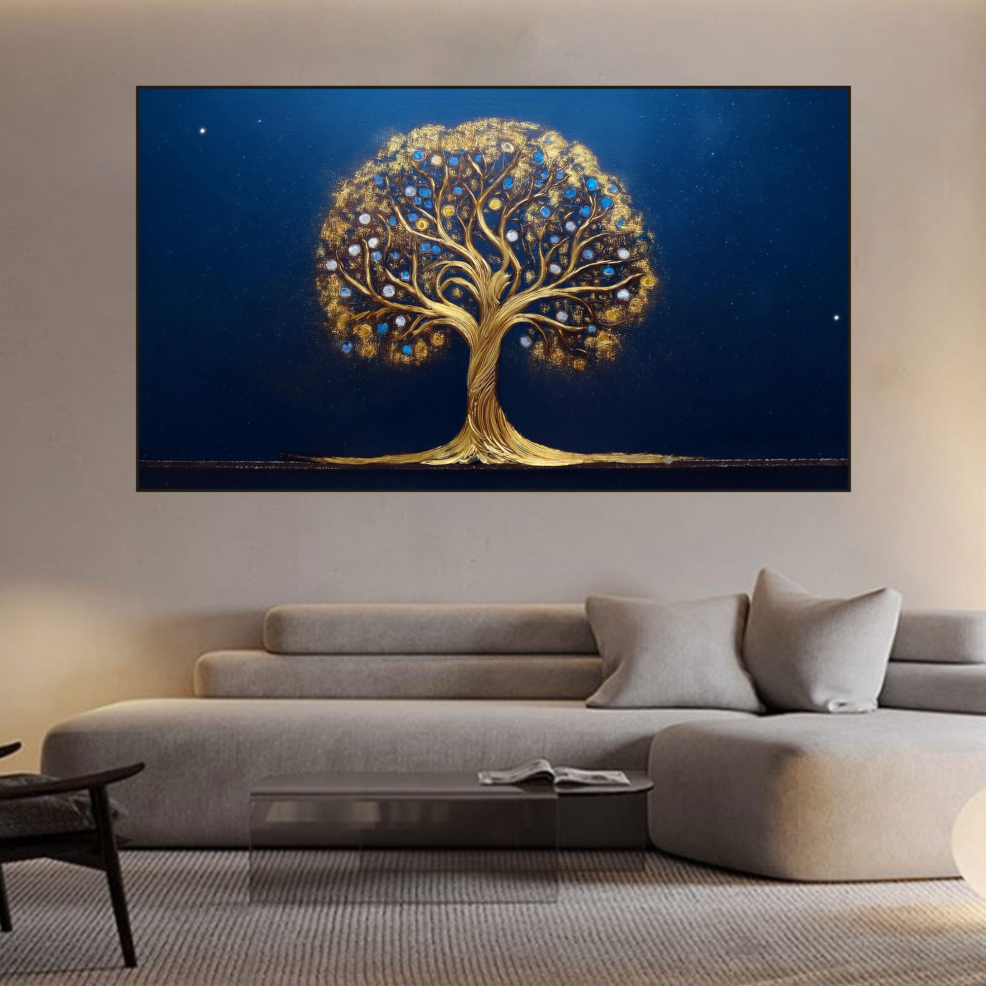 Tree of Life Canvas Painting – Golden Cosmic Wall Painting for Home.