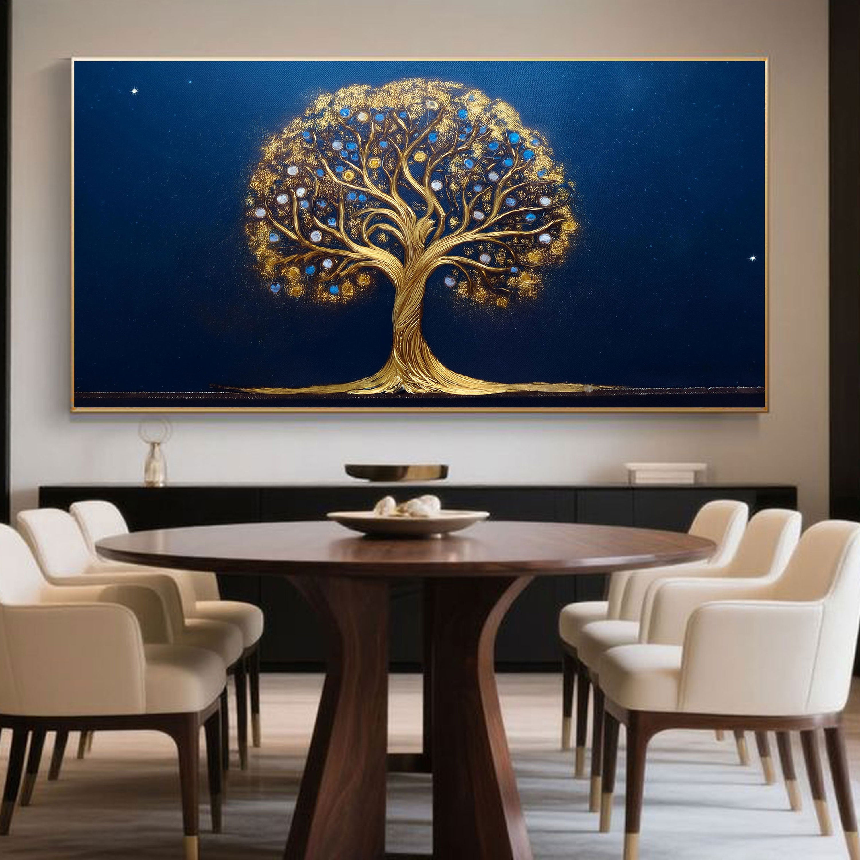 Tree of Life Canvas Painting – Golden Cosmic Wall Painting for Home.