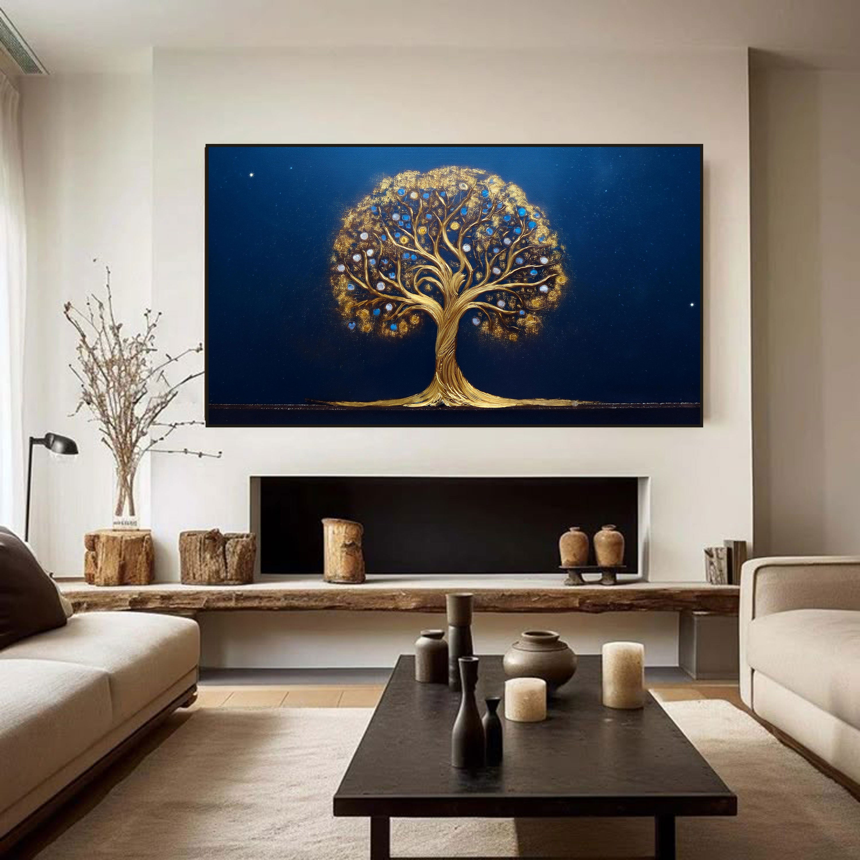 Tree of Life Canvas Painting – Golden Cosmic Wall Painting for Home.