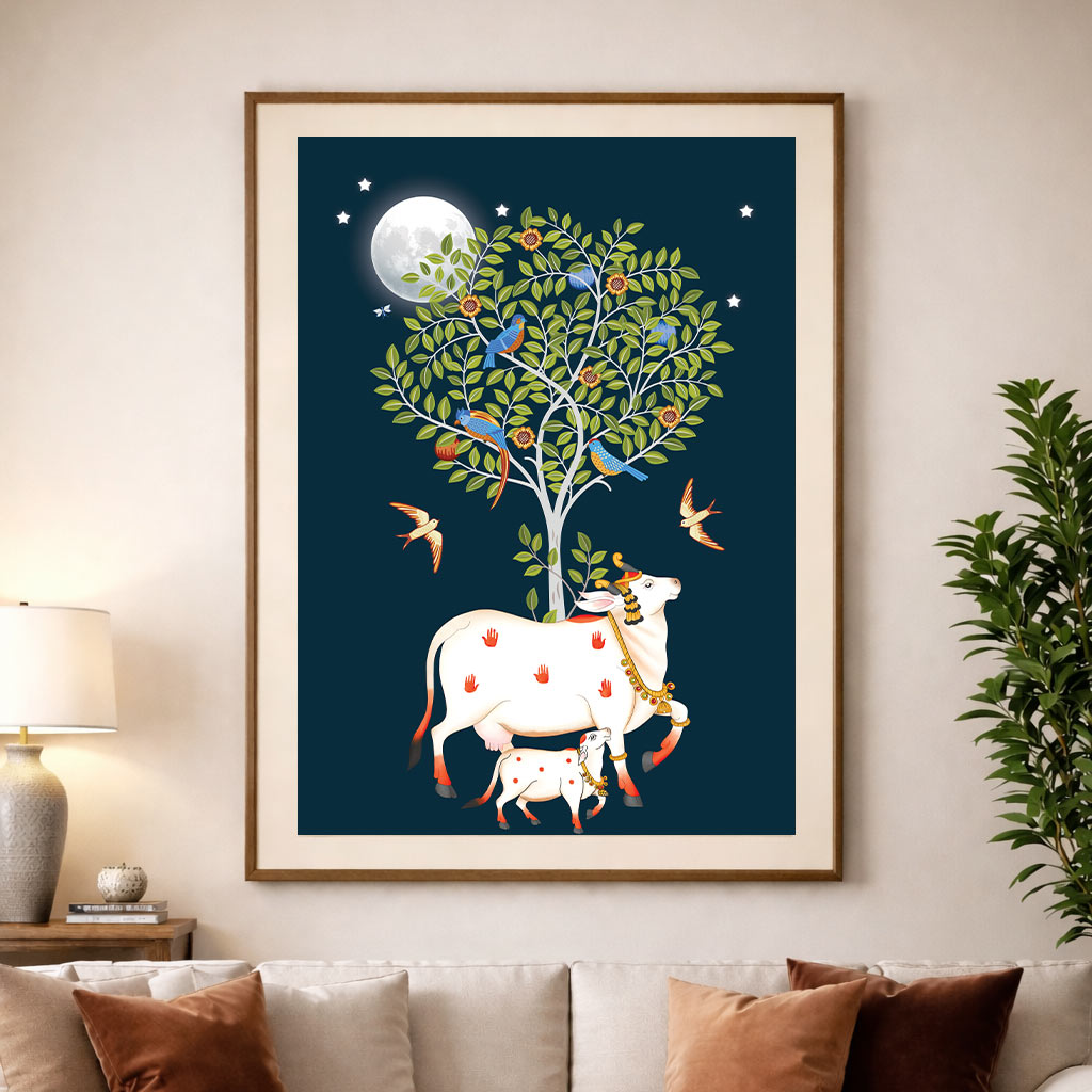 Original Handmade Kamadhenu Painting – Divine Tree of Life Sacred Art (3x4 Ft)