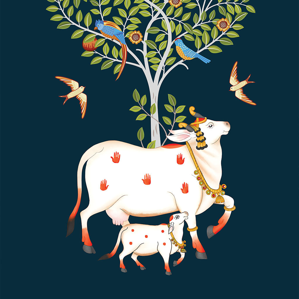 Original Handmade Kamadhenu Painting – Divine Tree of Life Sacred Art (3x4 Ft)